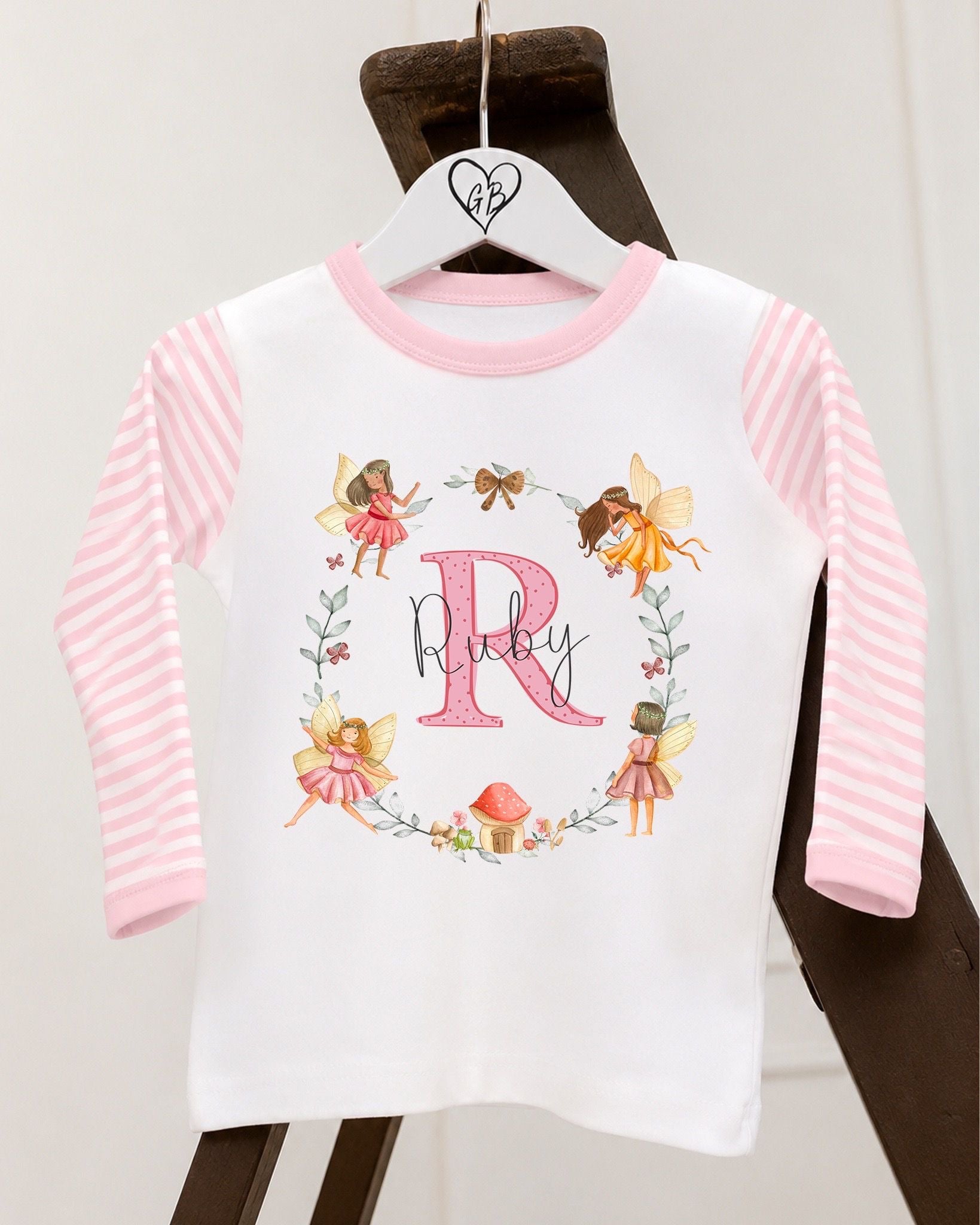 Personalised Girls Gifting Pyjamas Pink Stripe - Fairy Wreath Design