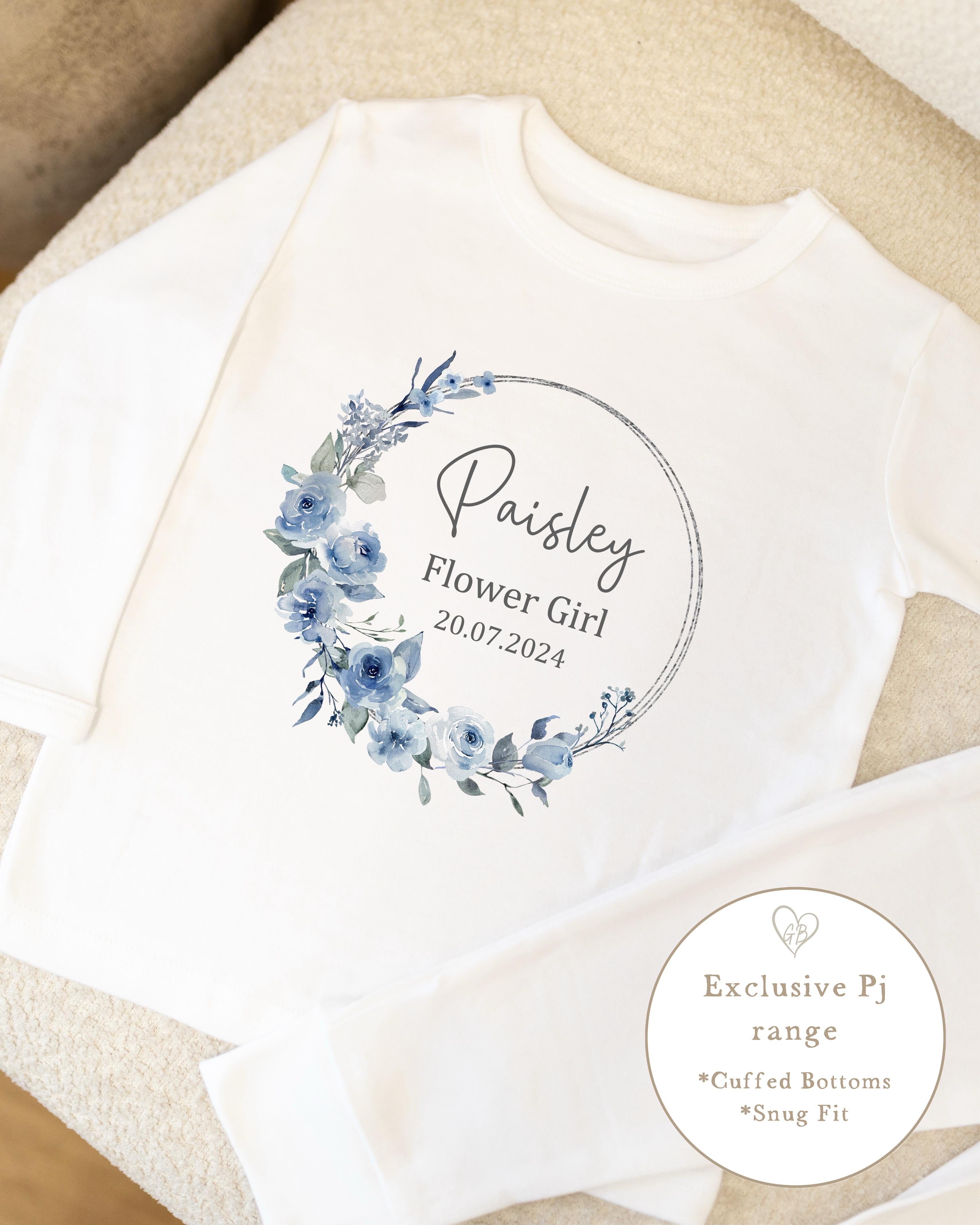Personalised Flower Girl Pyjamas - Dusky Blue Wreath Design