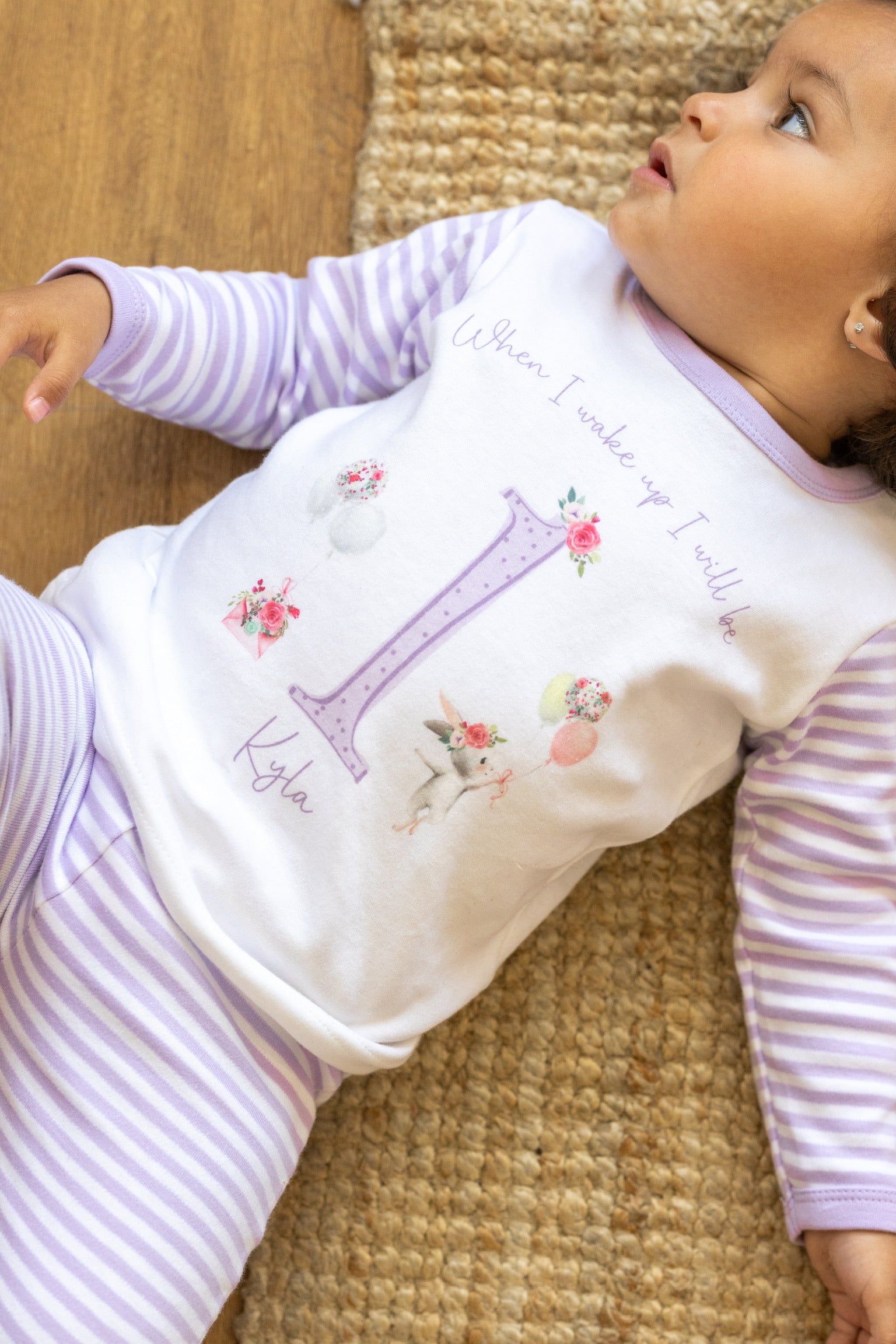 Personalised Lilac Stripe Birthday Pyjamas - Lilac Bunny Party Design