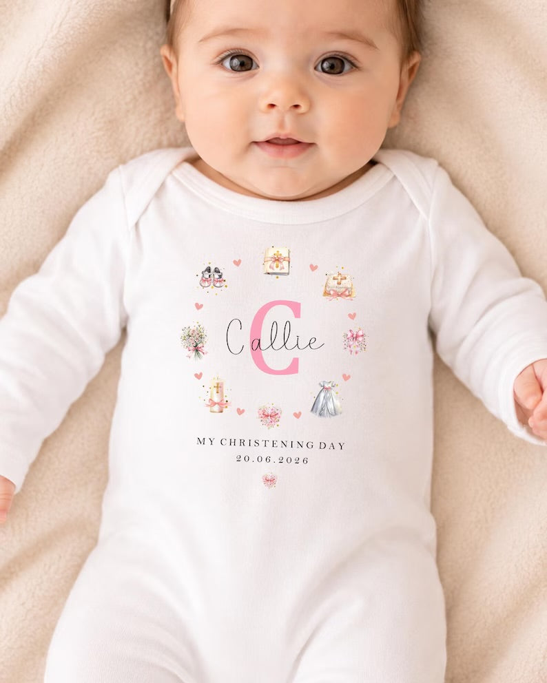 Personalised Christening Babygrow - Pink Wreath Design