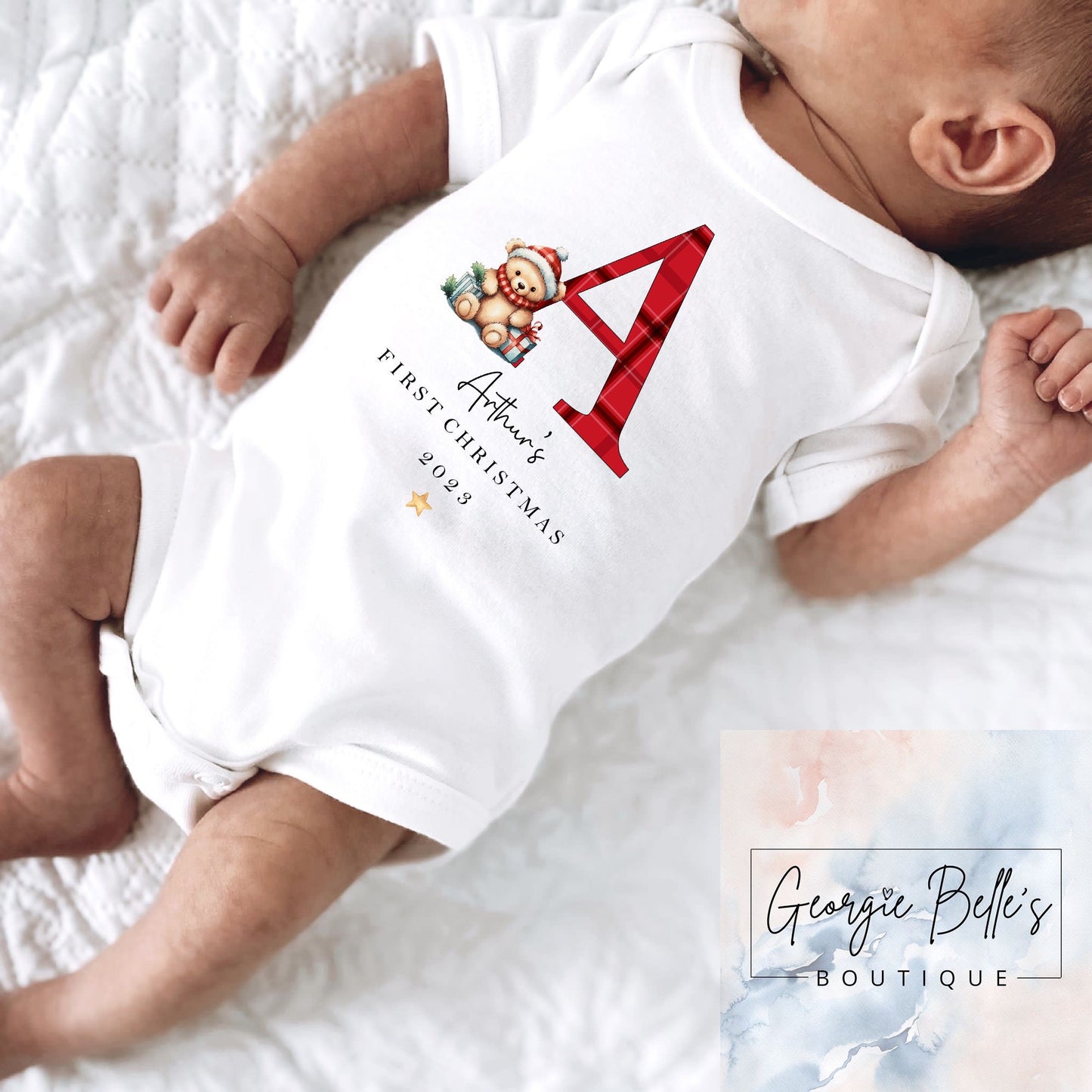 My 1st Christmas Vest / Babygrow - Tartan Initial Teddy Bear Design