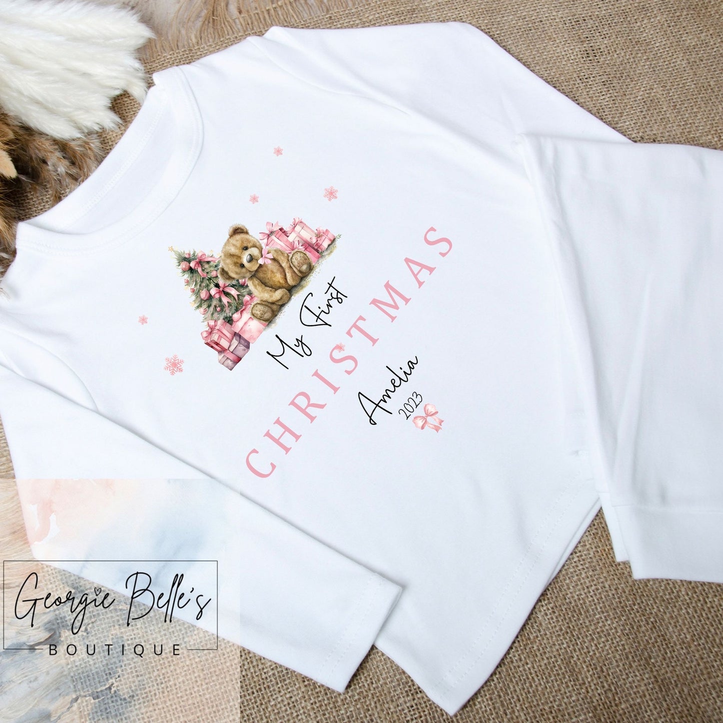 Personalised My 1st Christmas Sibling Matching Pink Teddy Christmas Pyjamas