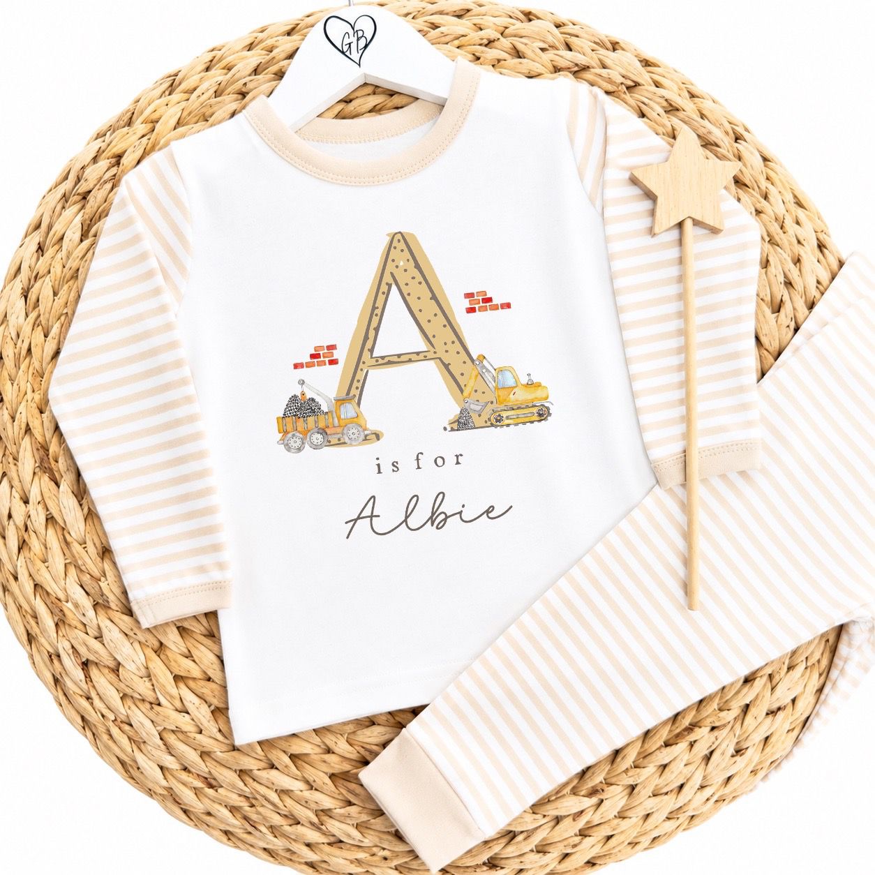 Personalised Gifting Pyjamas Beige Stripe - Digger Initial Design