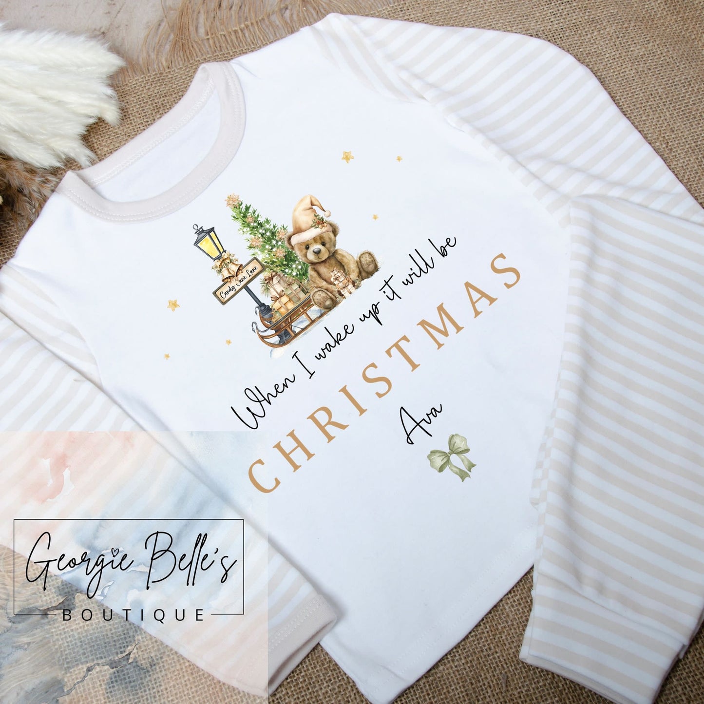 Stone Stripe Sibling Matching Christmas ‘When I wake up it will be Christmas' Personalised Pyjamas