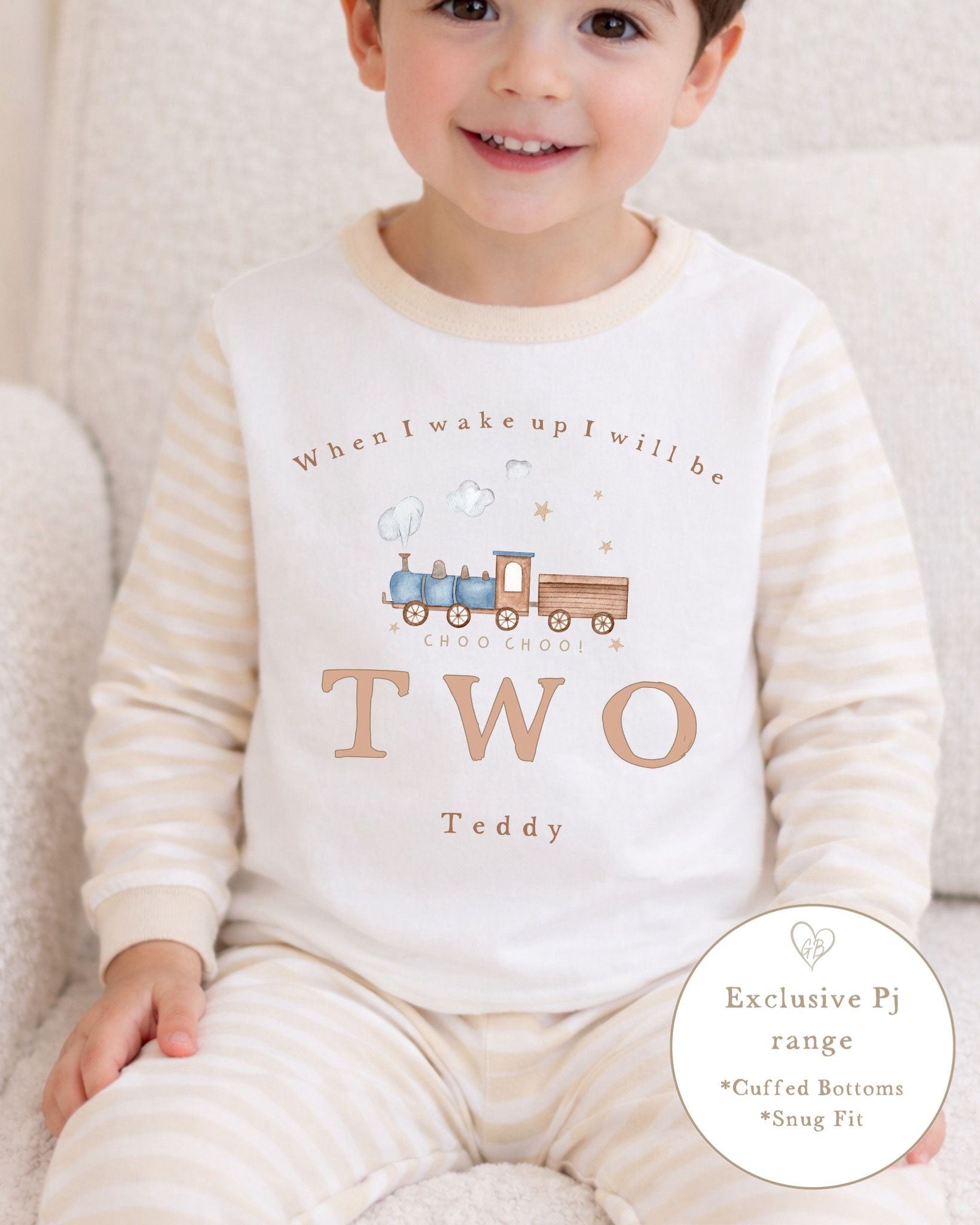 Personalised Beige Stripe Birthday Pyjamas - Train Design
