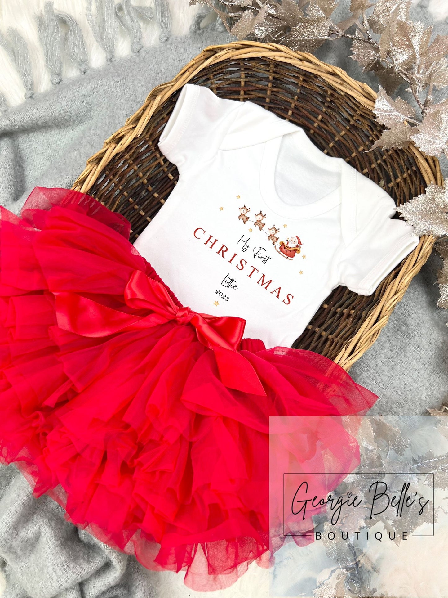 Personalised My 1st Christmas Vest & Tutu - Sleigh Design