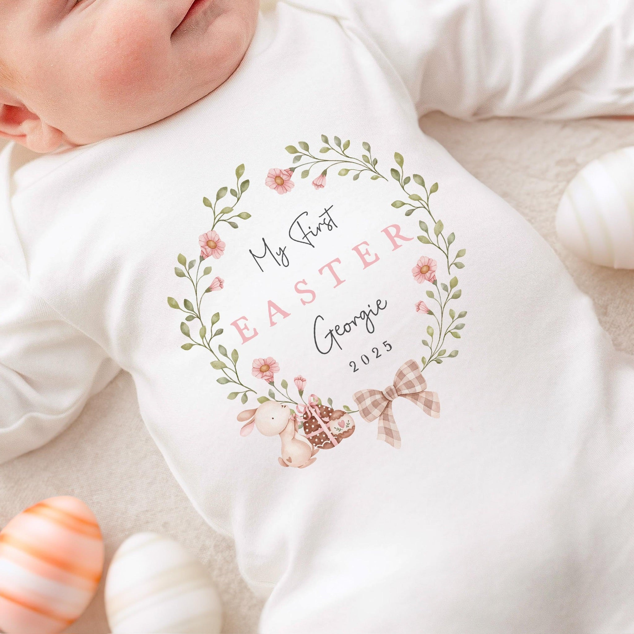 Personalised Easter Baby Vest / Babygrow - First Easter Pink Wreath Design