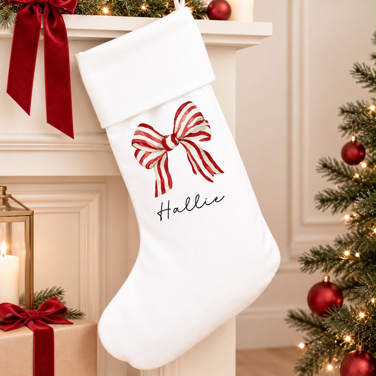 Personalised White Christmas Stocking | Bow Design