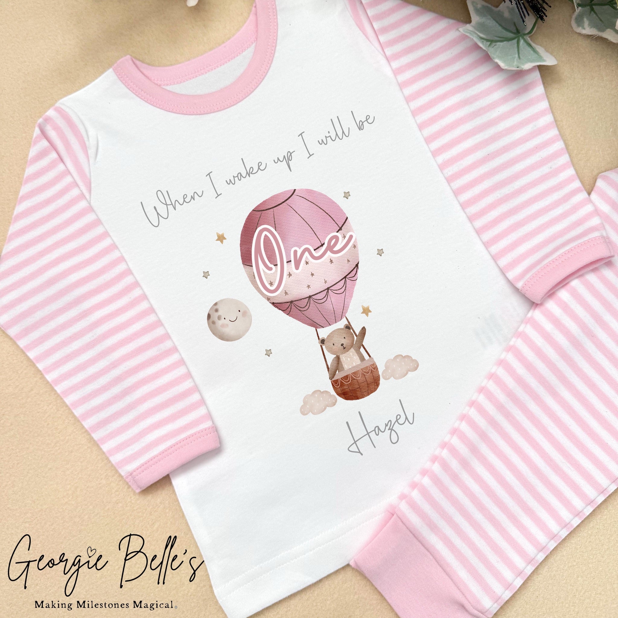 Personalised Pink Stripe Birthday Pyjamas - Pink Hot Air Balloon Design