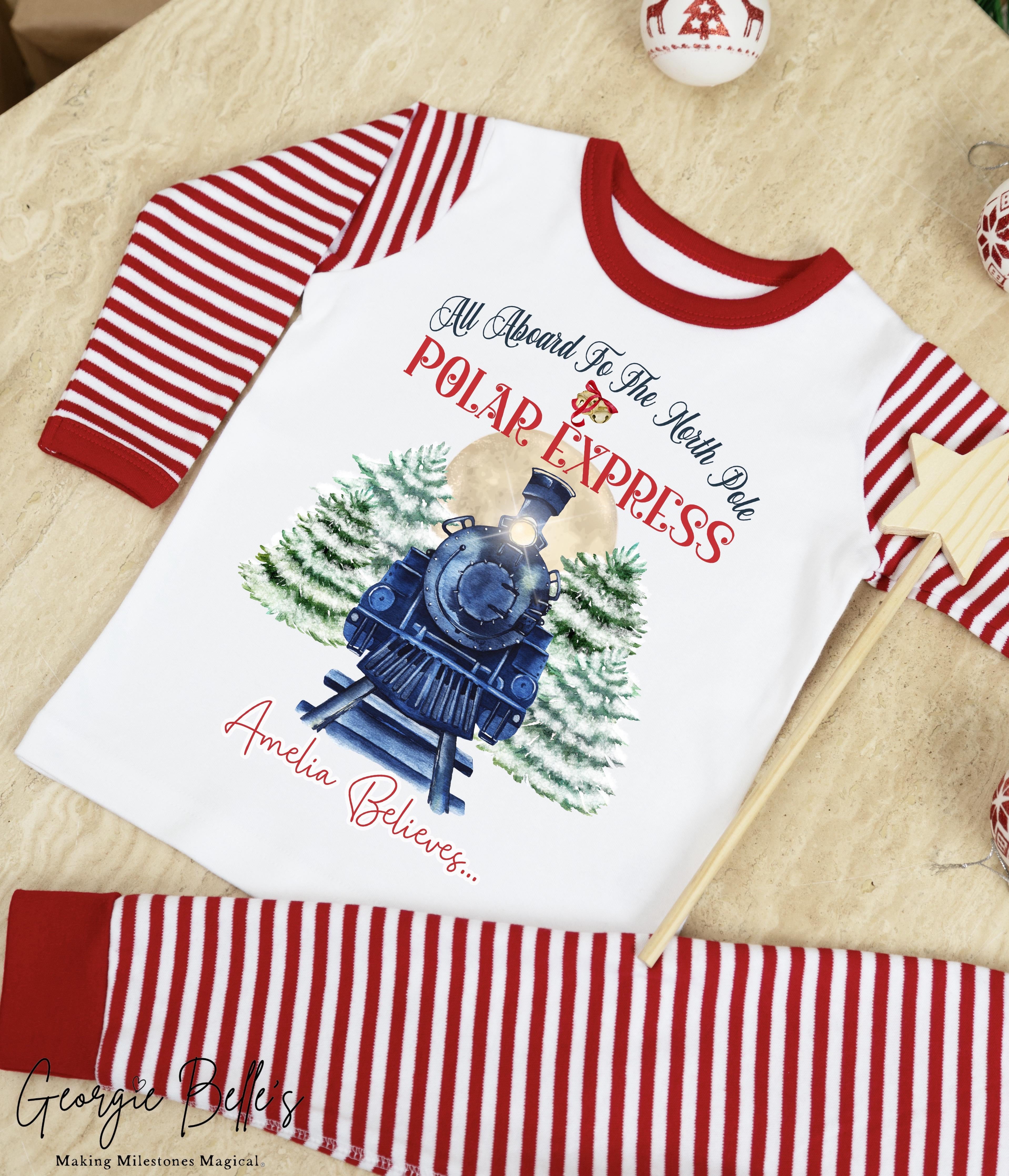 Personalised Red Stripe Christmas Pyjamas - North Pole Polar Express Design