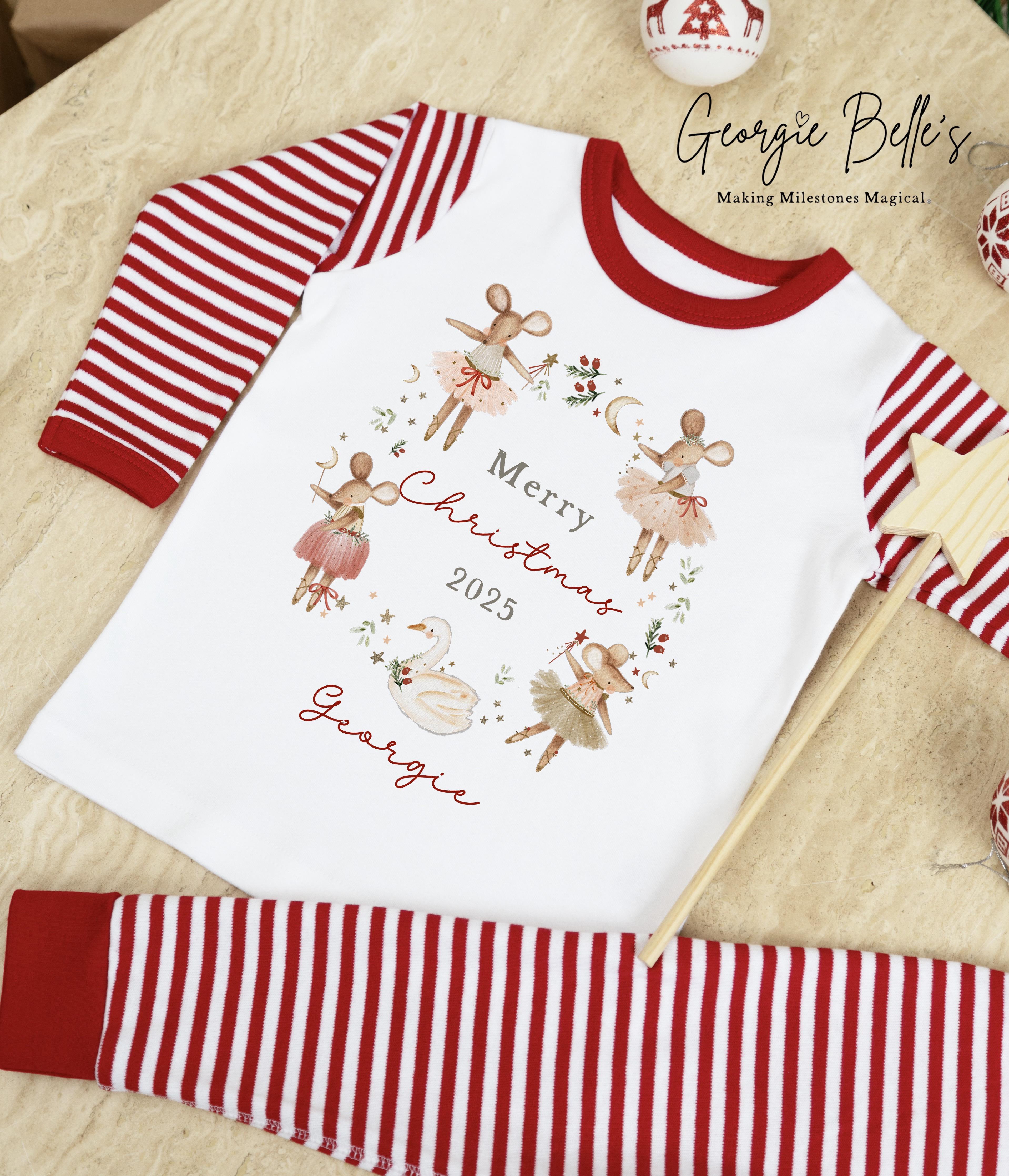 Personalised Red Stripe Christmas Pyjamas - Red Ballerina Mice Wreath Design