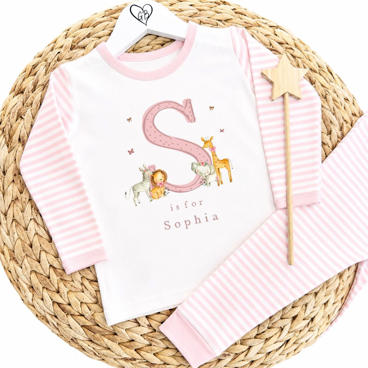 Personalised Girls Gifting Pyjamas Pink Stripe - Safari Initial Design
