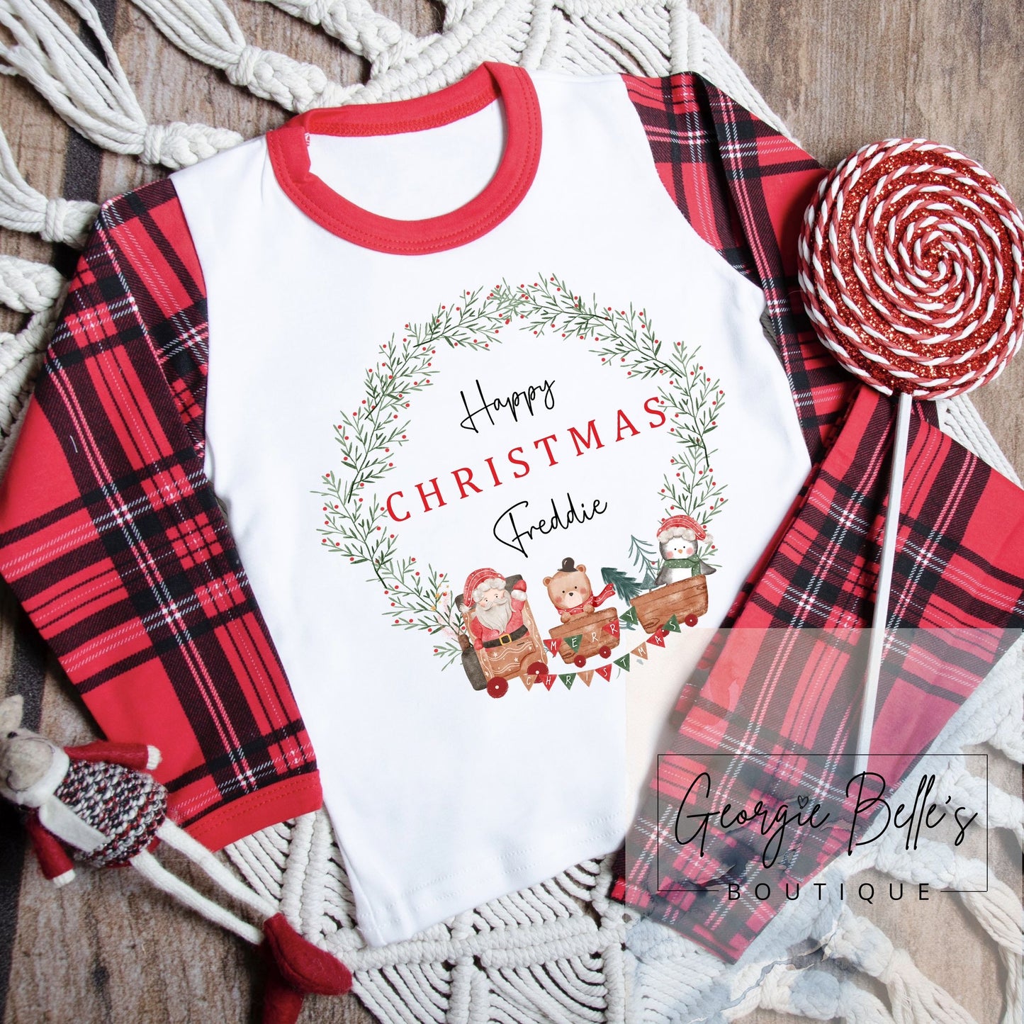 Santa Train Tartan Personalised Unisex Pyjamas