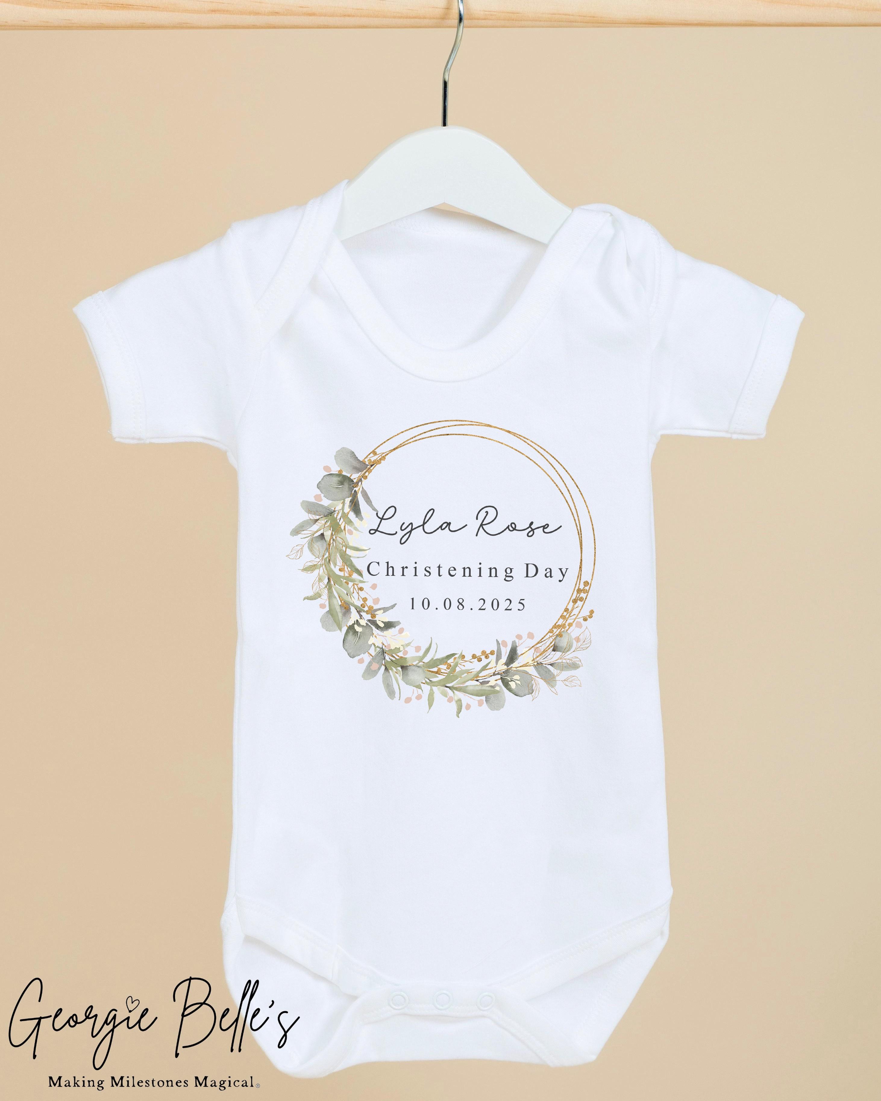 Personalised Christening Babygrow / Vest - Euco Wreath Design
