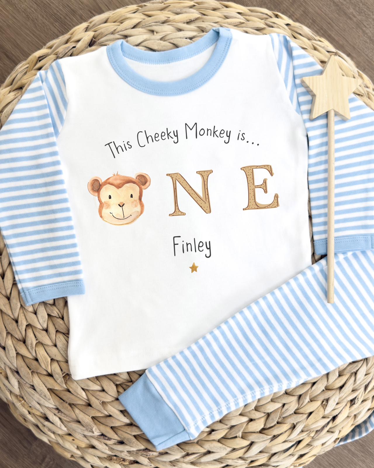 Personalised Blue Stripe Birthday Pyjamas - Monkey Design