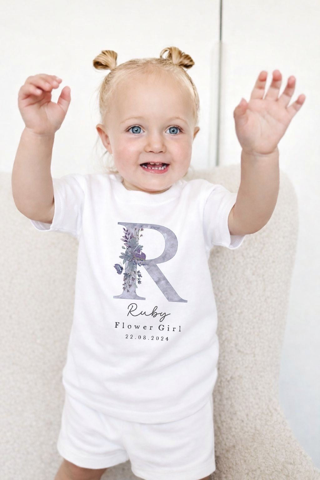 Personalised Flower Girl Short Set Pyjamas - Lilac Initial Design