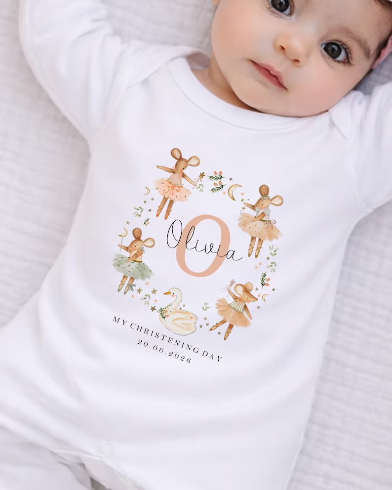 Personalised Christening Babygrow - Mice Wreath Design