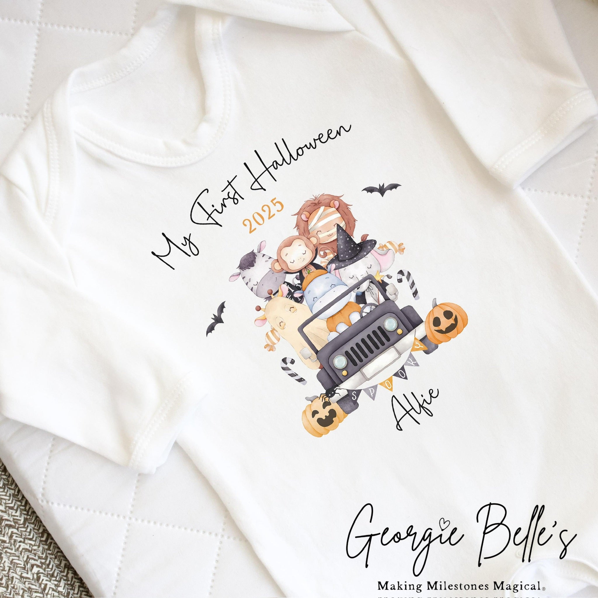 Personalised Halloween Bodysuit / Sleepsuit - My First Halloween Safari Design