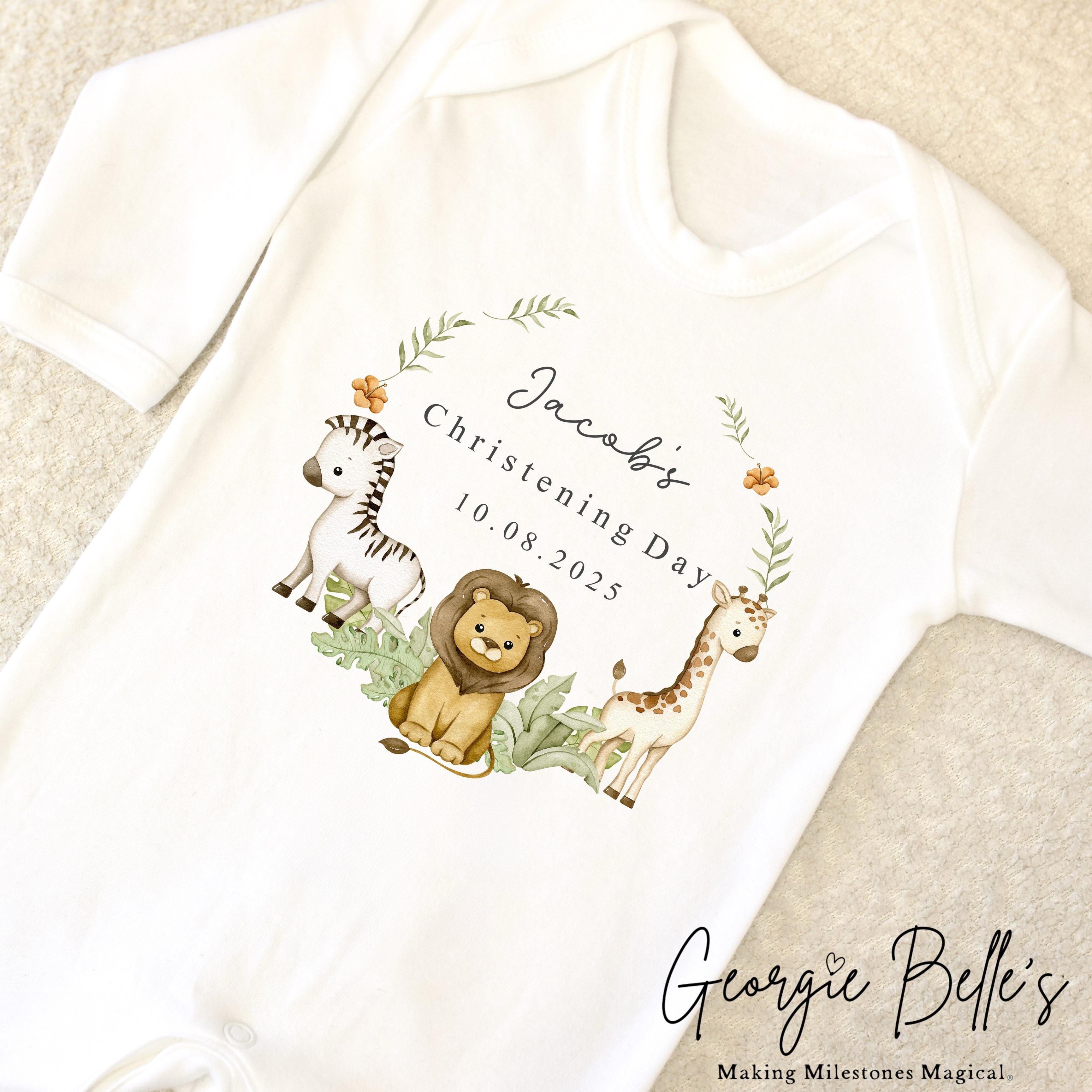 Personalised Christening Babygrow / Vest - Safari Wreath Design