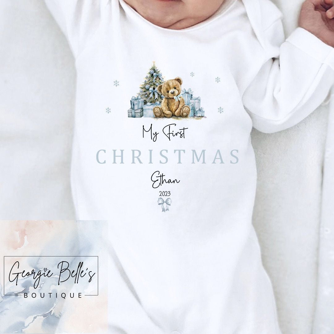 My 1st Christmas Vest / Babygrow - Blue Teddy Bear Design