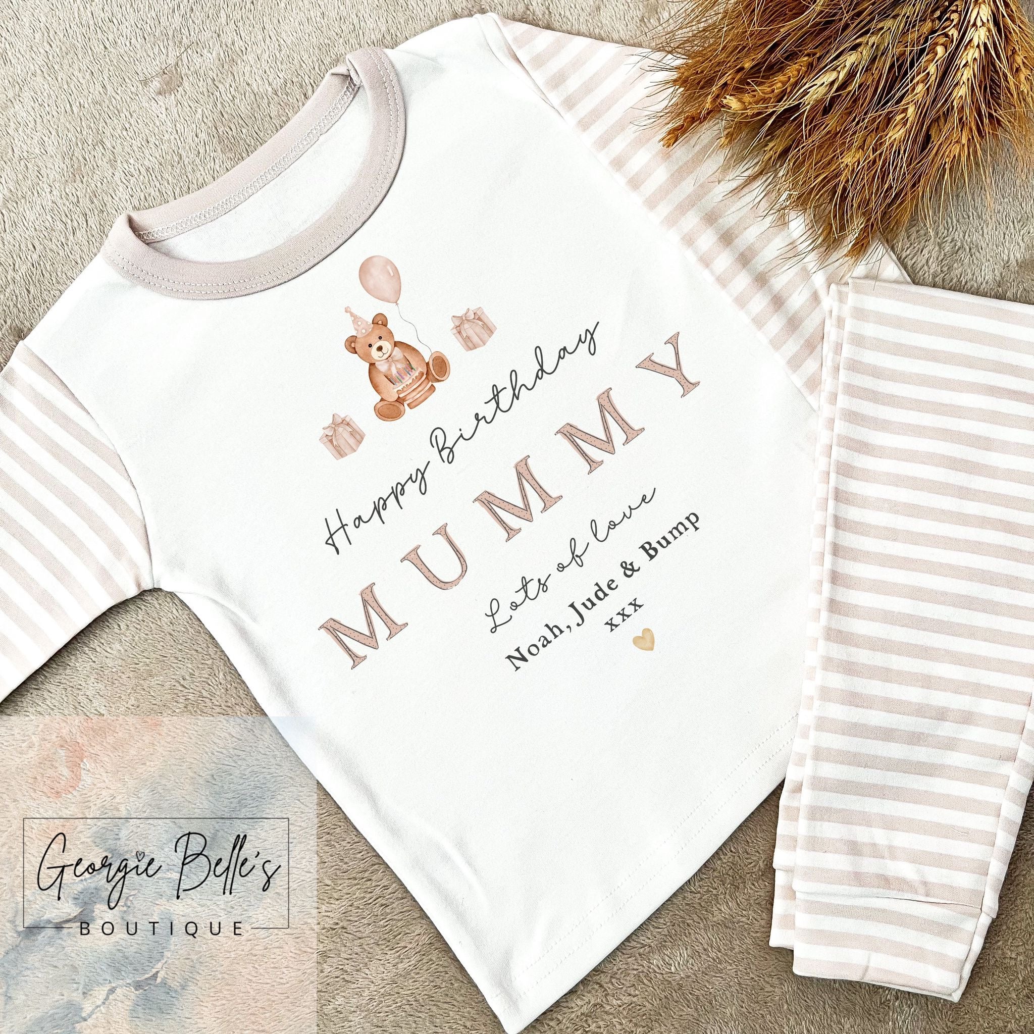 Personalised Birthday Pyjamas - Mummy’s Birthday Nude Stripe Birthday Bear Design