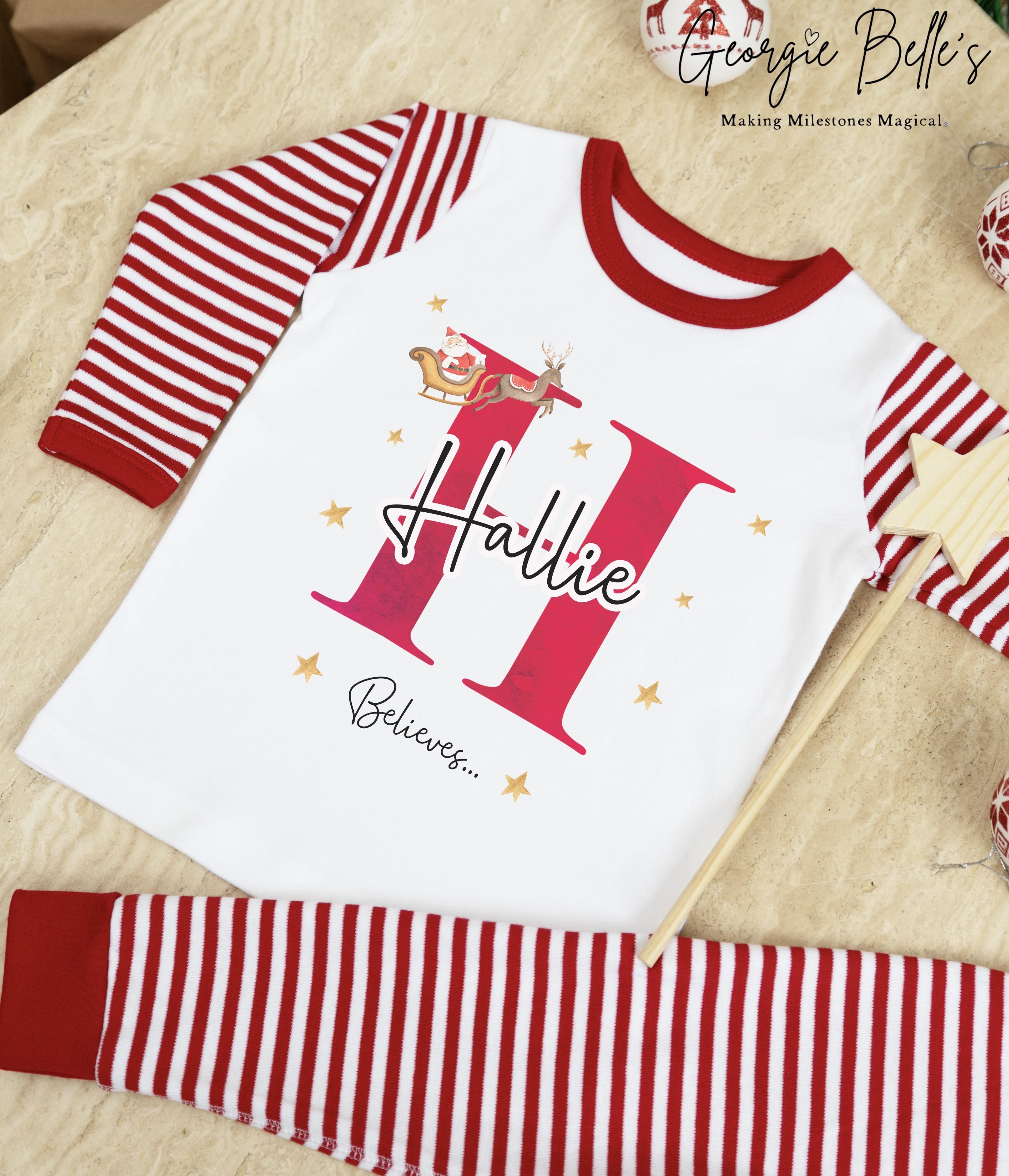 Red & White Stripe Family Matching Personalised Christmas Pyjamas - Belives Initial Design