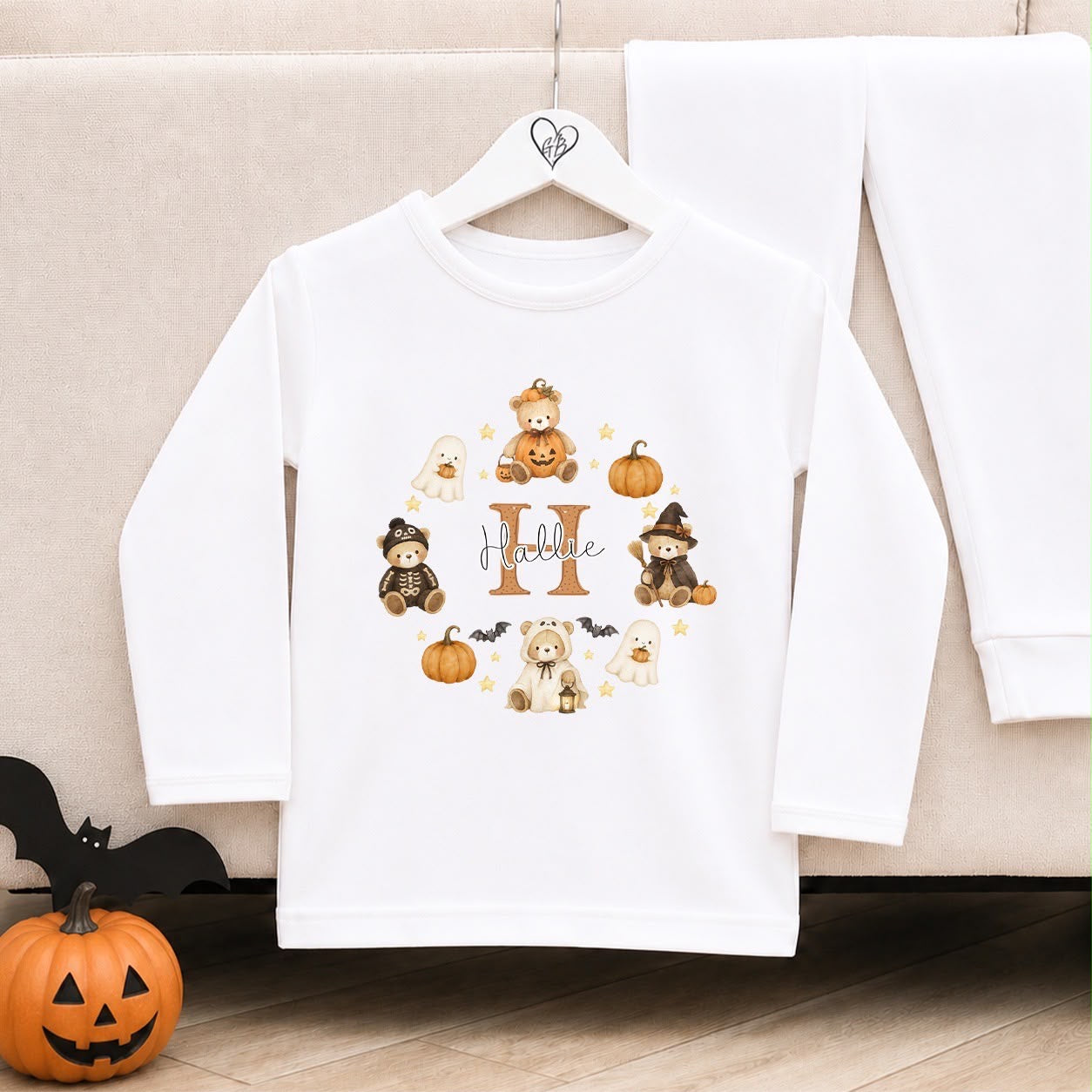 Personalised Halloween Pyjamas | Matching Sibling Halloween Pyjamas | Bear Initial Wreath Design