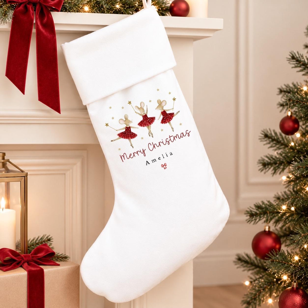 Personalised White Christmas Stocking | Mice Ballerina Design