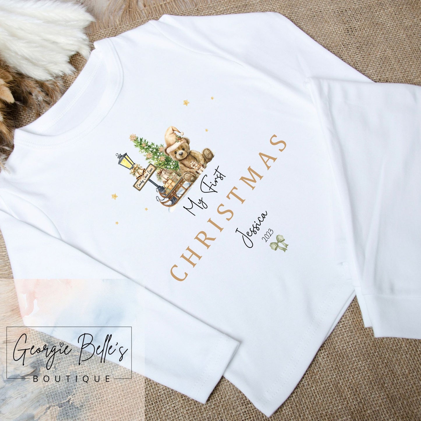Stone Stripe ‘My First Christmas' Personalised Pyjamas - Nude Bear Design