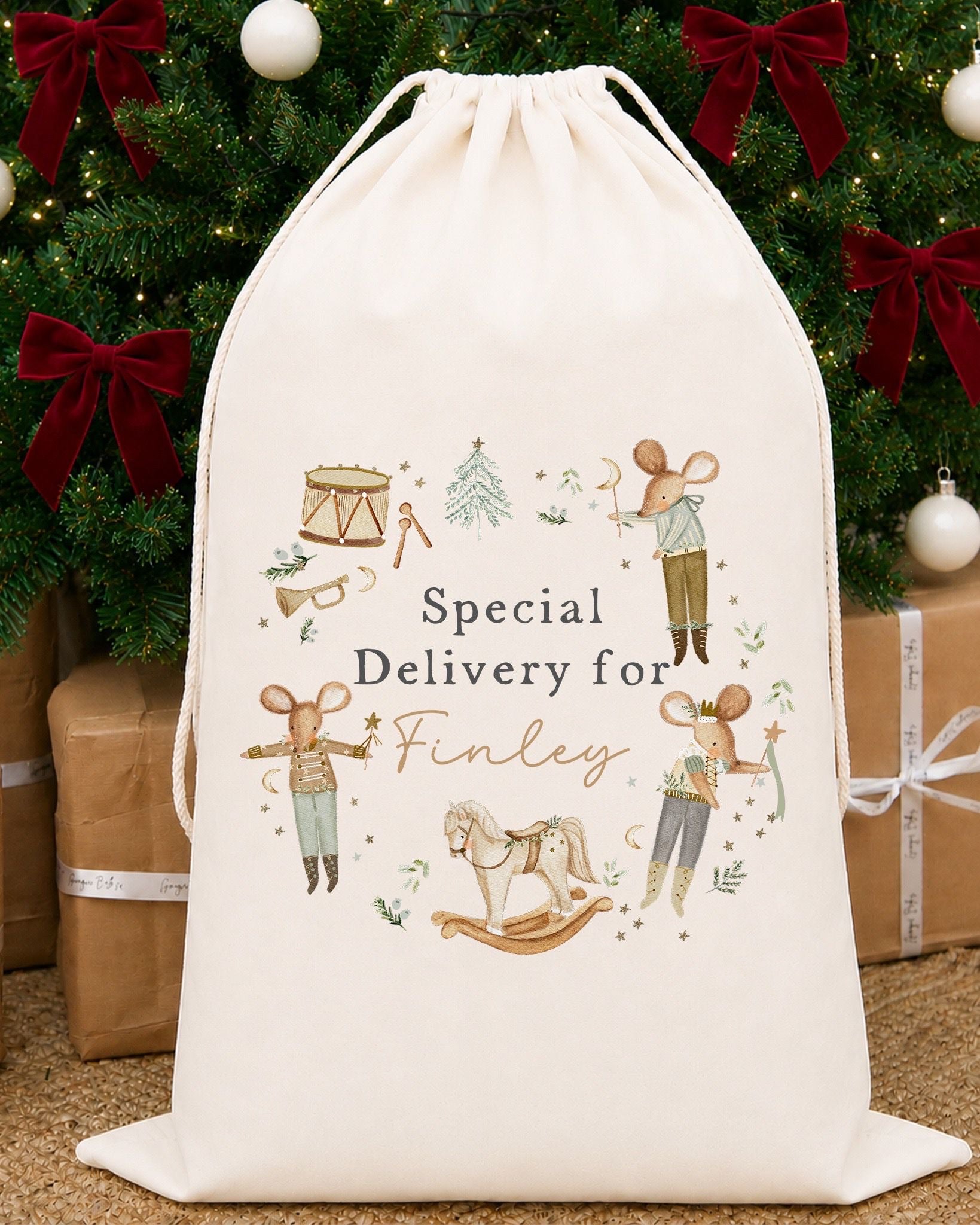 Luxury Personalised Premium Cotton Christmas Sack | Personalised Santa Sack | Nude Mice Wreath Design