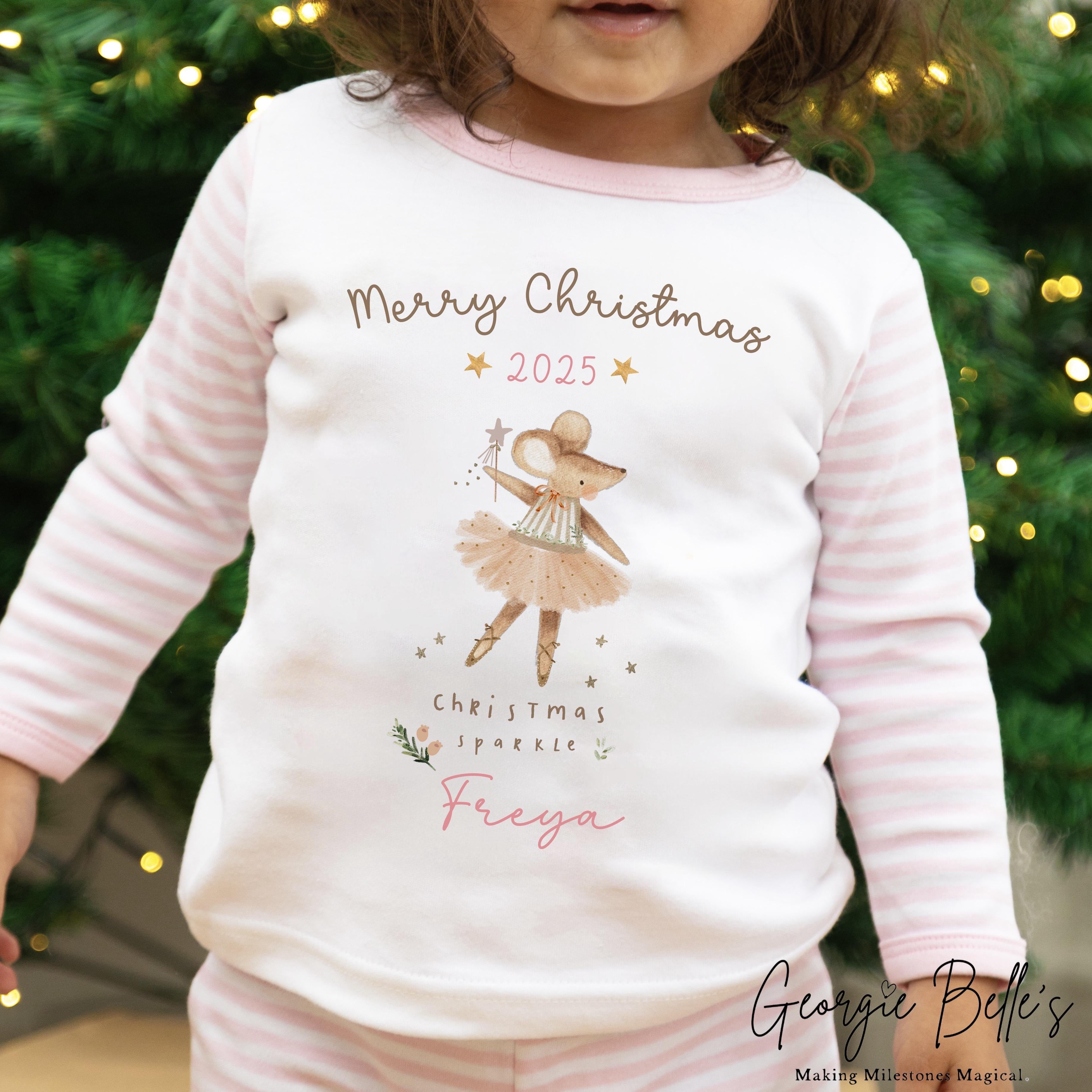 Personalised Pink Stripe Christmas Pyjamas - Pink Mouse Design