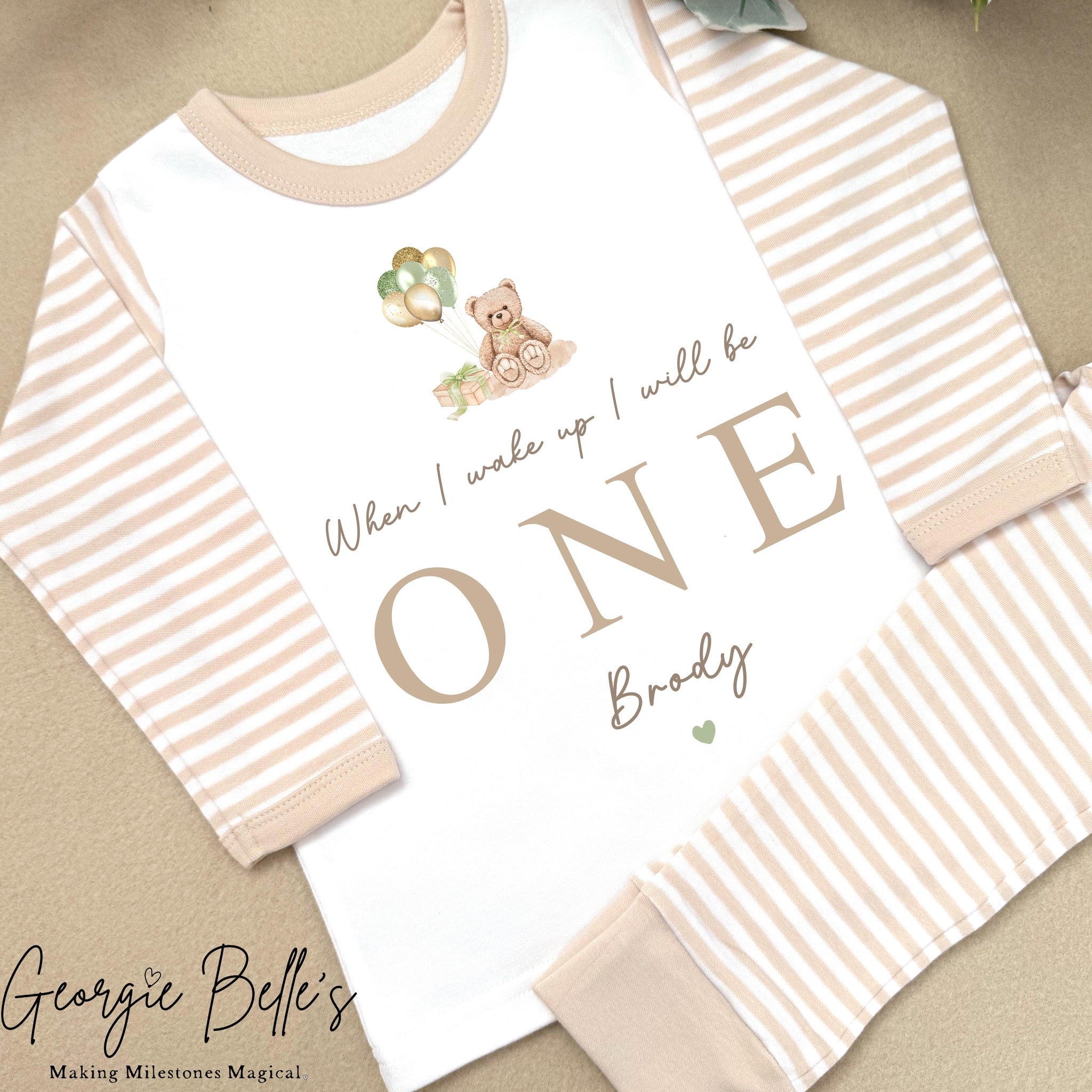 Personalised Beige Stripe Birthday Pyjamas - Beige Bear with Sage Balloon Design