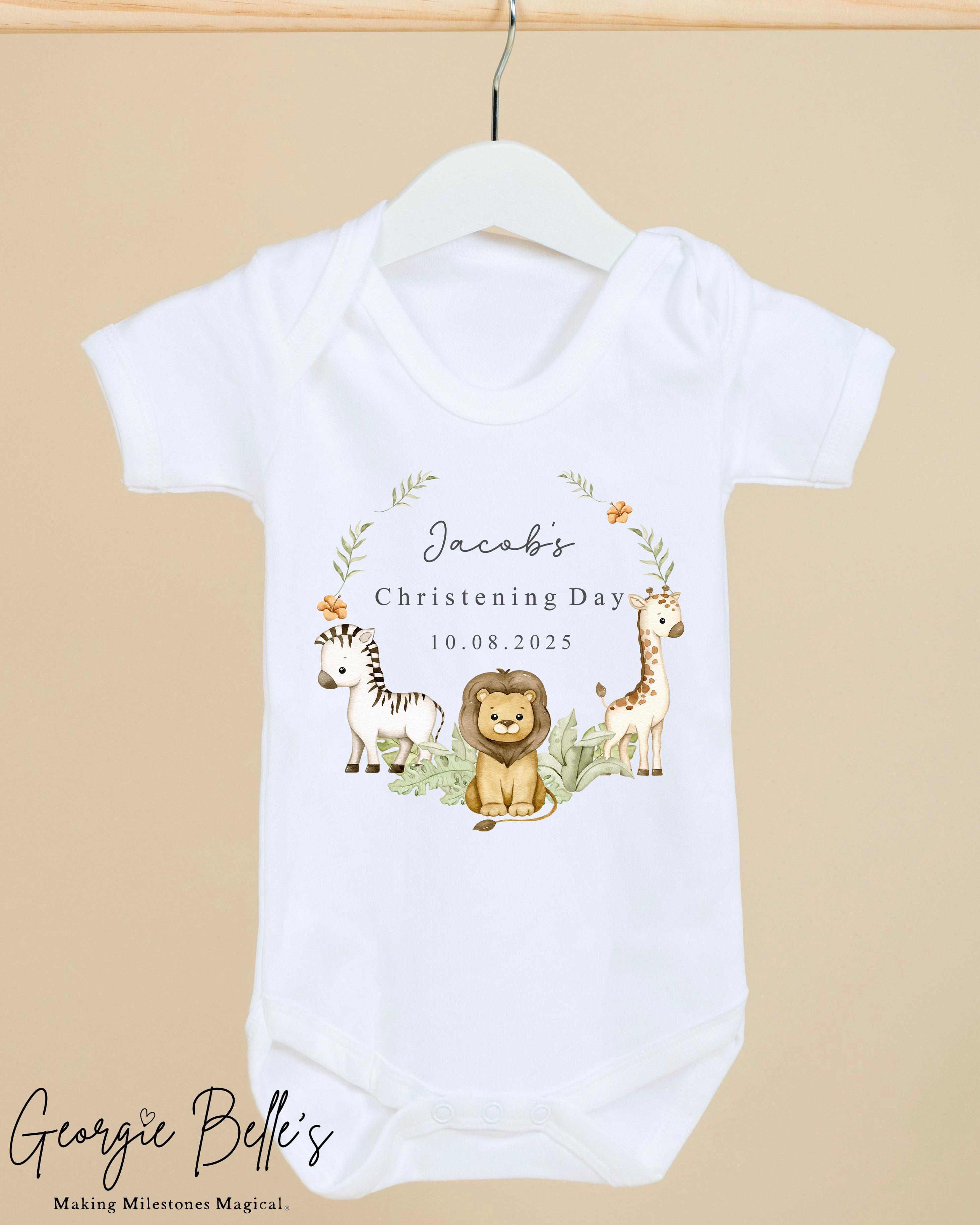 Personalised Christening Babygrow / Vest - Safari Wreath Design