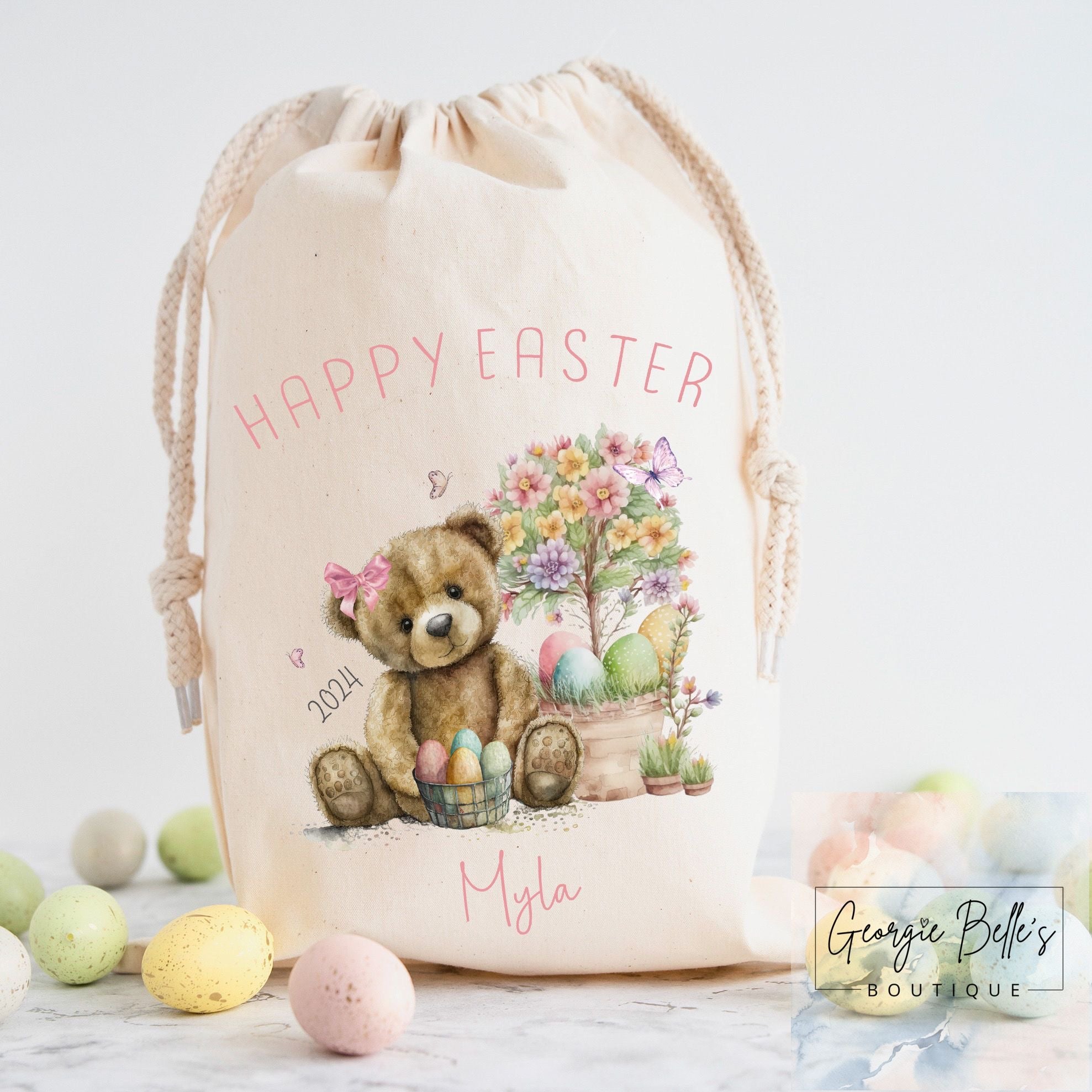 Personalised Easter Treat Sack - Pink Bear Design