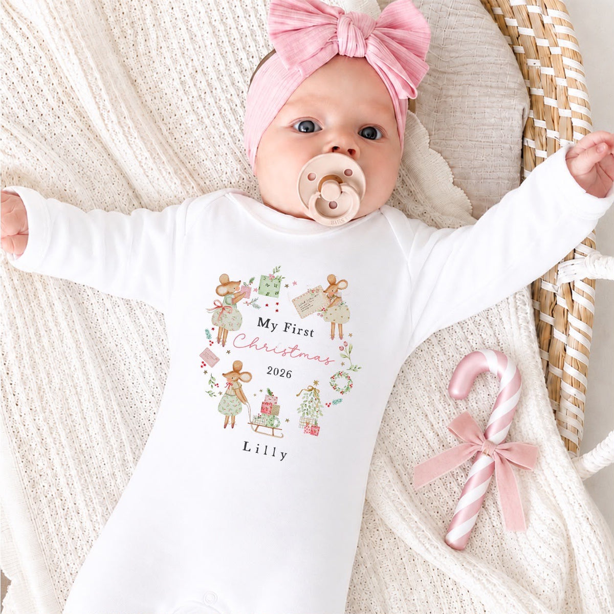 Personalised My First Christmas Babygrow | 100% Cotton | Pink Xmas Mice Wreath Design