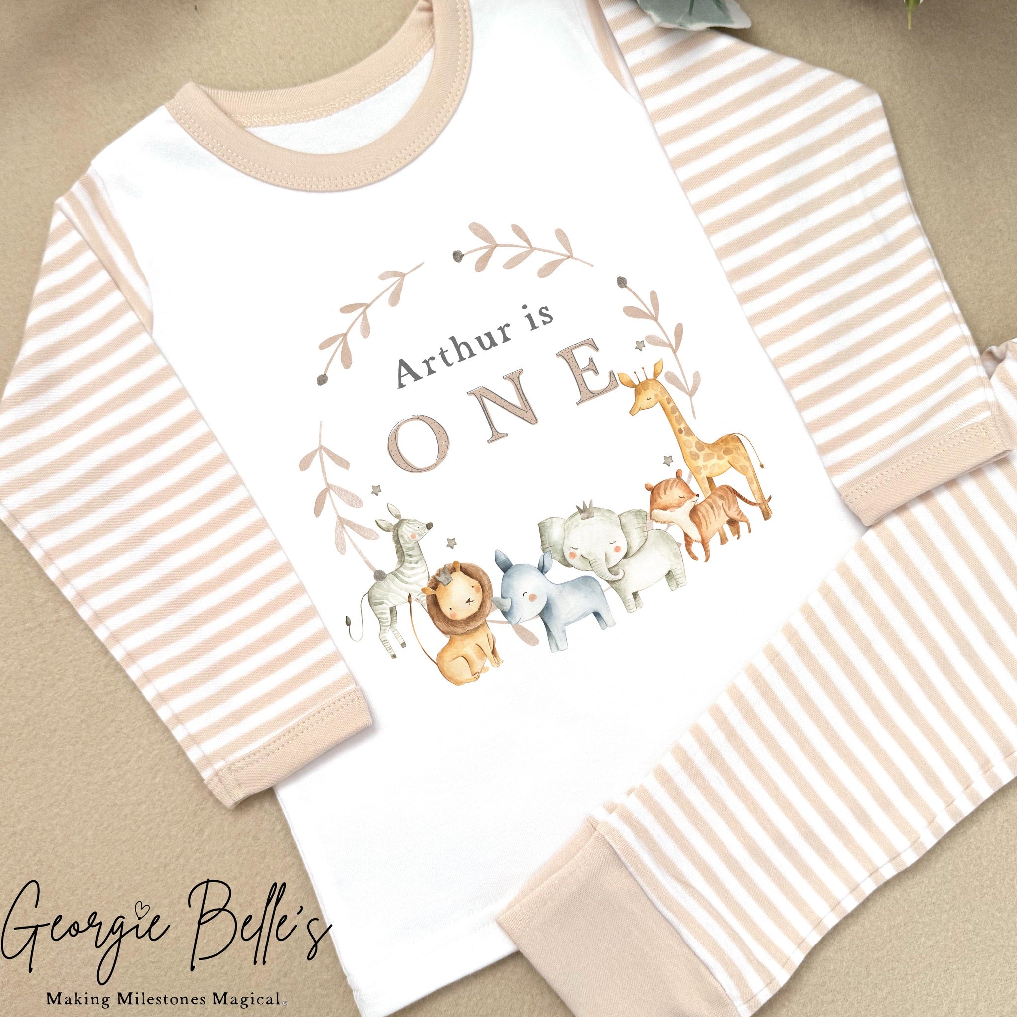 Personalised Beige Stripe Birthday Pyjamas - Beige Safari Wreath Design