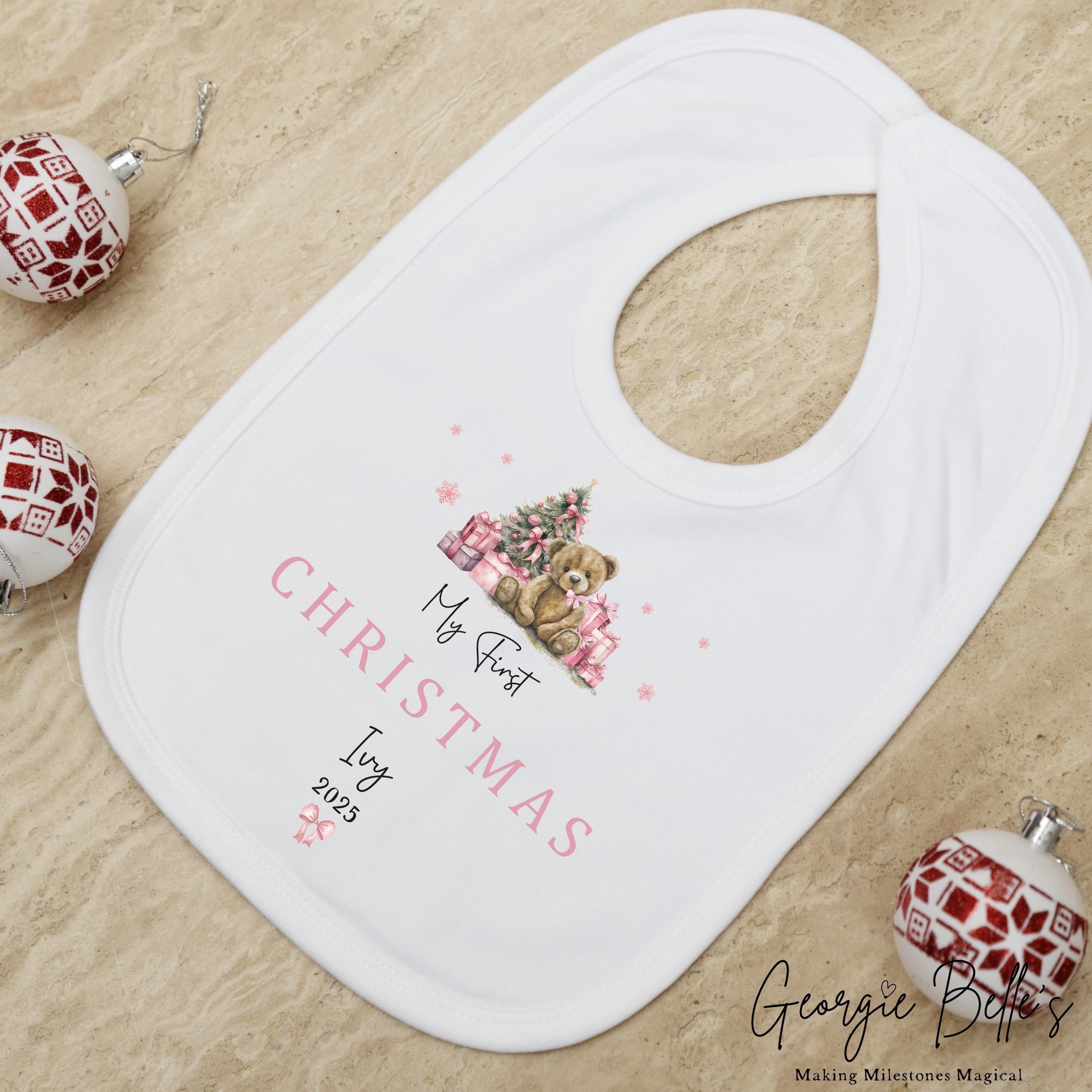 Personalised Christmas Sleepsuit / Bodysuit - First Christmas Pink Teddy Design