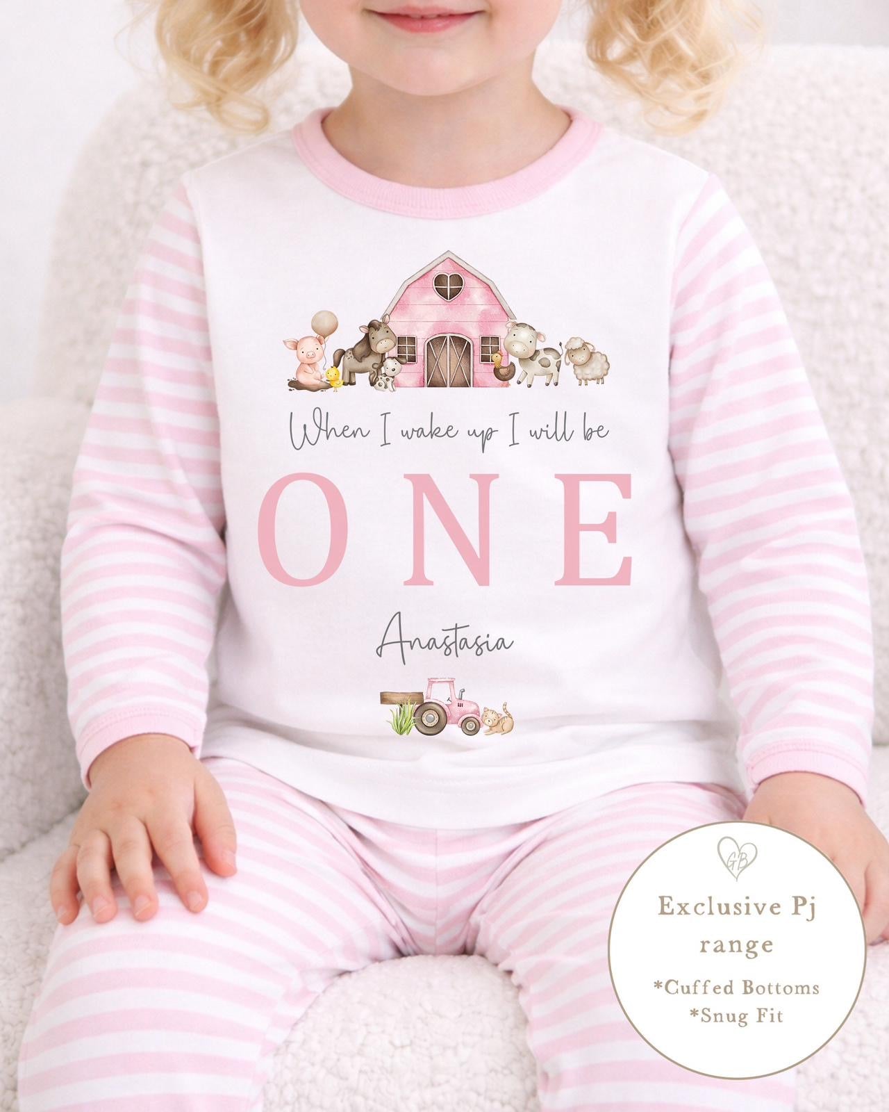 Personalised Pink Stripe Birthday Pyjamas - Farm Design