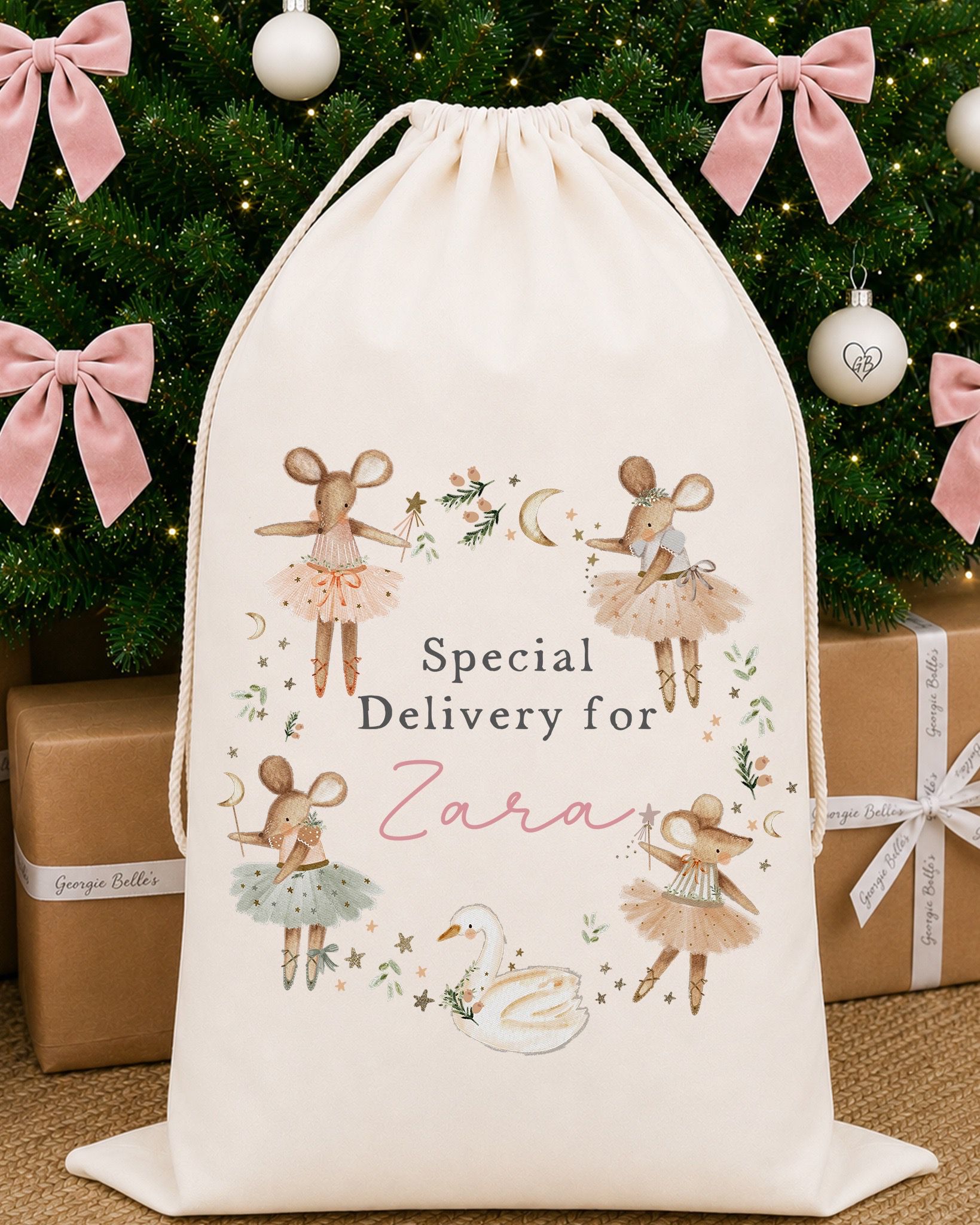 Luxury Personalised Premium Cotton Christmas Sack | Personalised Santa Sack | Pink Mice Wreath Design