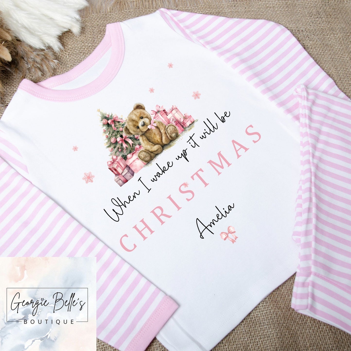 Sibling Matching Pink Teddy Bear Personalised Christmas Pyjamas