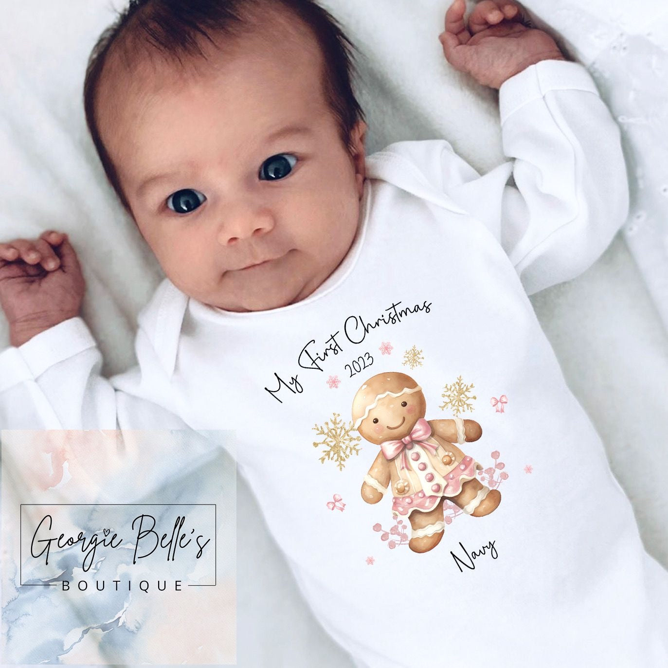 My 1st Christmas Vest / Babygrow - Pink Gingerbread Design