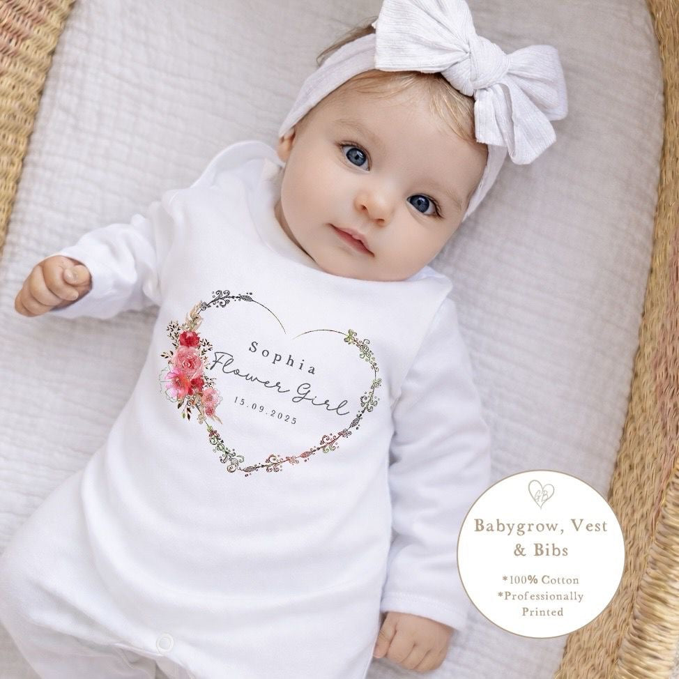 Personalised Flower Girl Babygrow / Short Sleeve Vest - Floral Heart Wreath Design