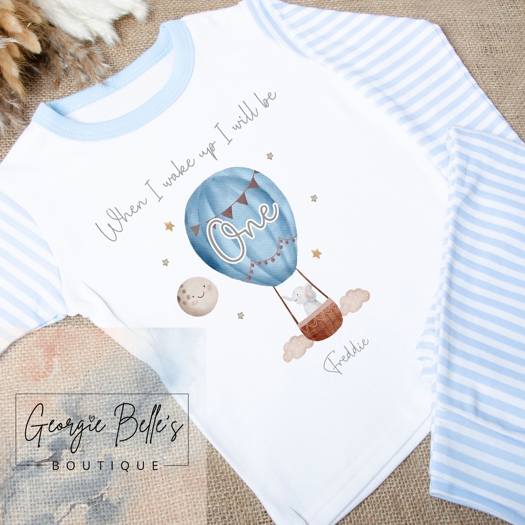 Personalised Birthday Pyjamas - Blue Hot Air Balloon Design