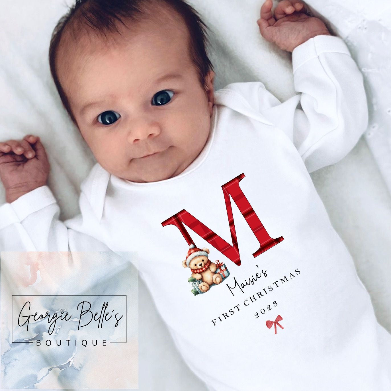 My 1st Christmas Vest / Babygrow - Tartan Initial Teddy Bear Design