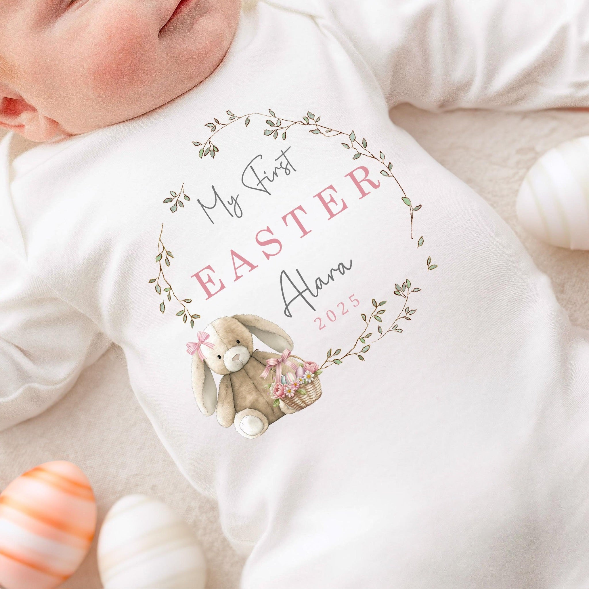 Personalised Easter Baby Vest / Babygrow - First Easter Pink Bunny Wreath Design