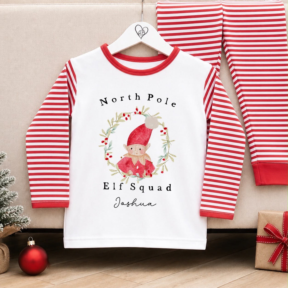 Personalised Christmas Pyjamas for Kids | 100% Cotton Red Stripe | Elf Wreath Design