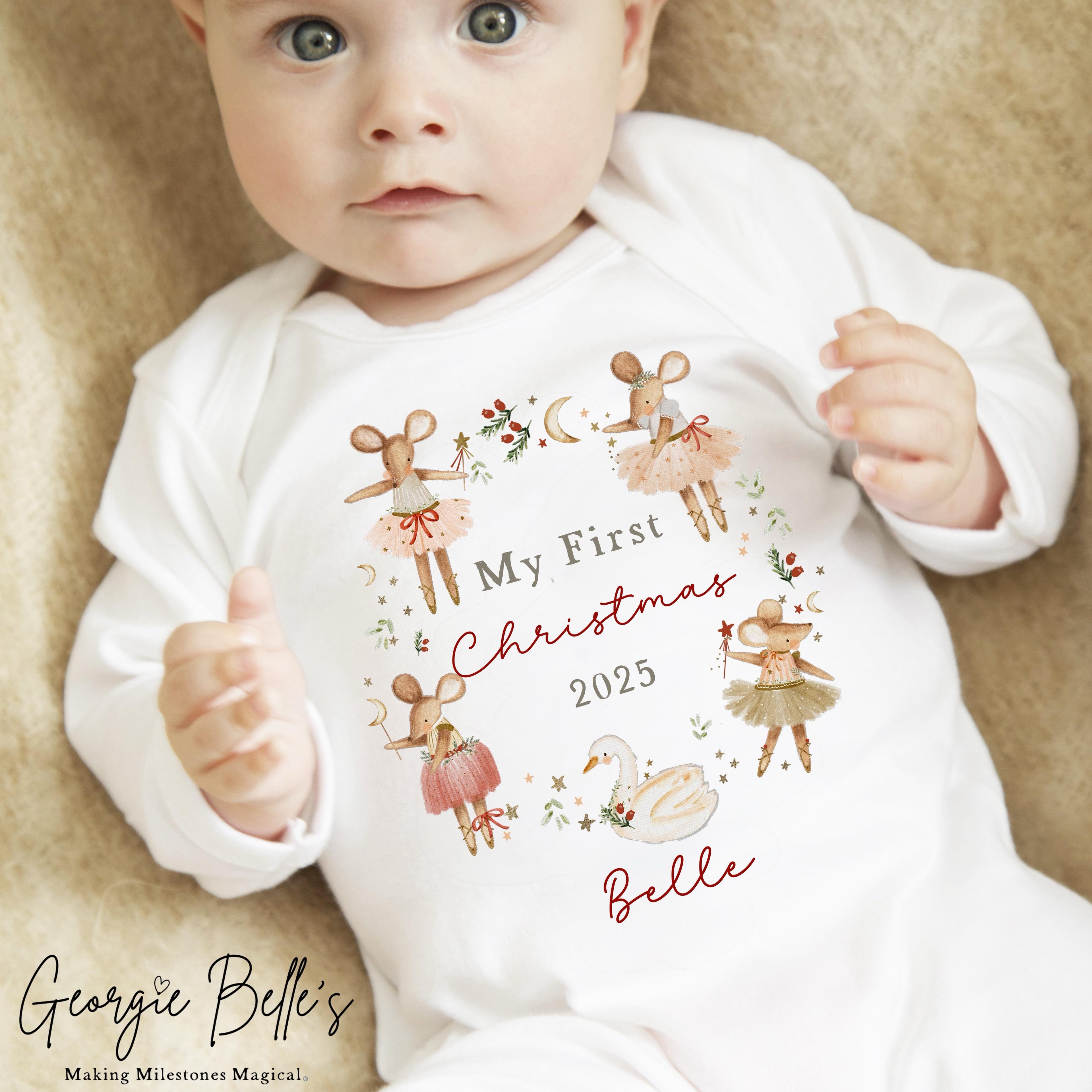 Personalised Christmas Sleepsuit / Bodysuit - First Christmas Red Ballerina Mice Wreath Design