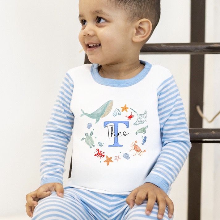 Personalised Boys Gifting Pyjamas Blue Stripe - Sea Wreath Initial Design