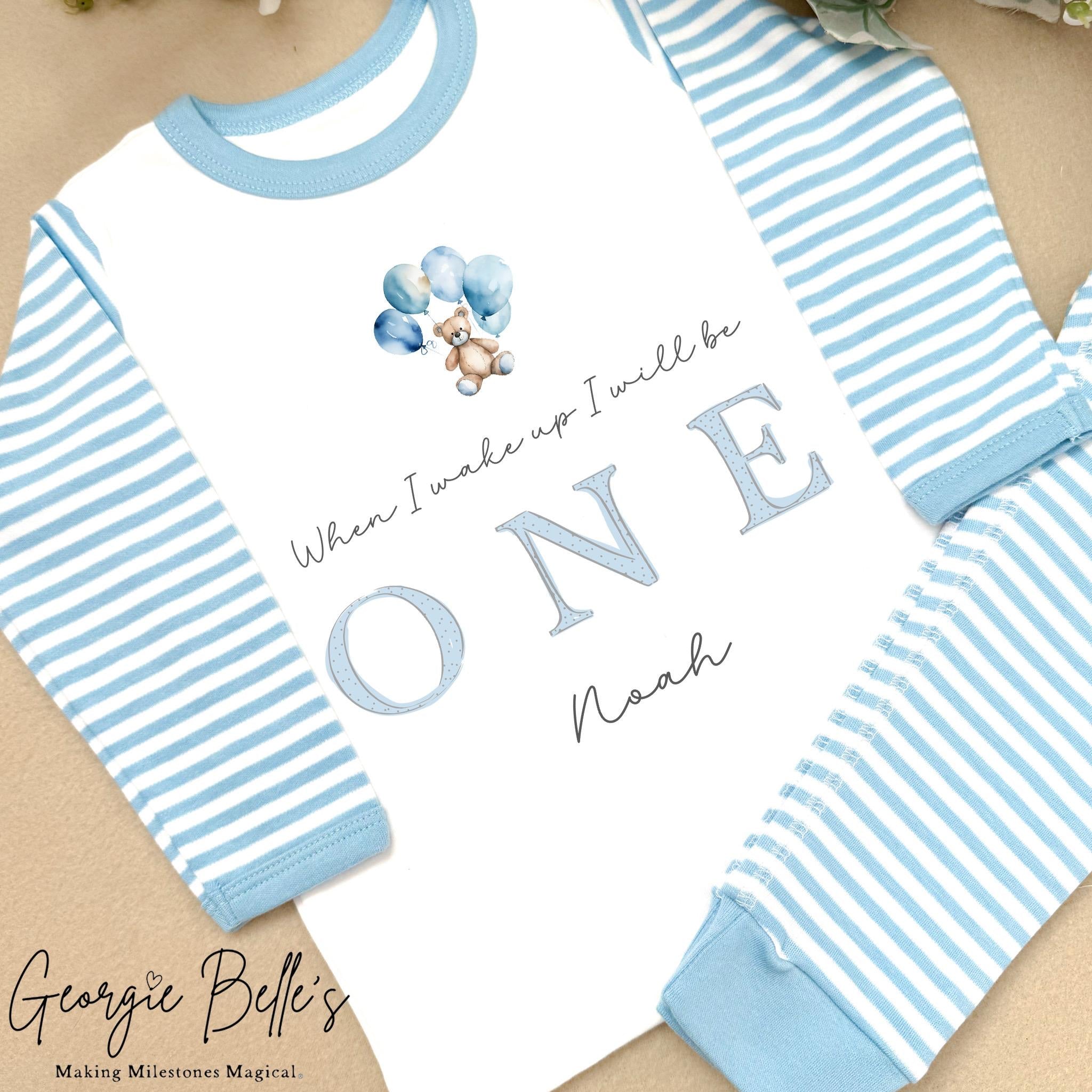 Personalised Blue Stripe Birthday Pyjamas - Blue Bear Balloons Design