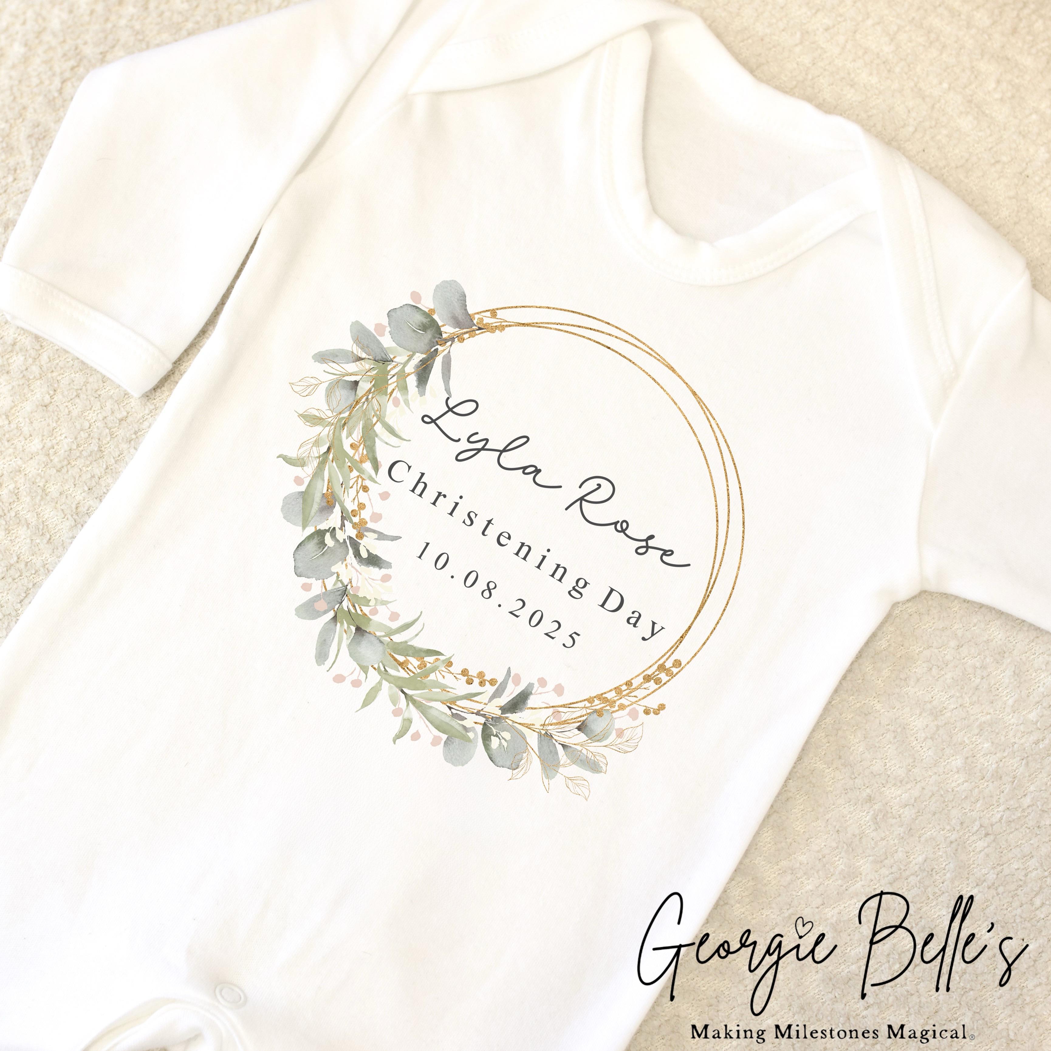 Personalised Christening Babygrow / Vest - Euco Wreath Design